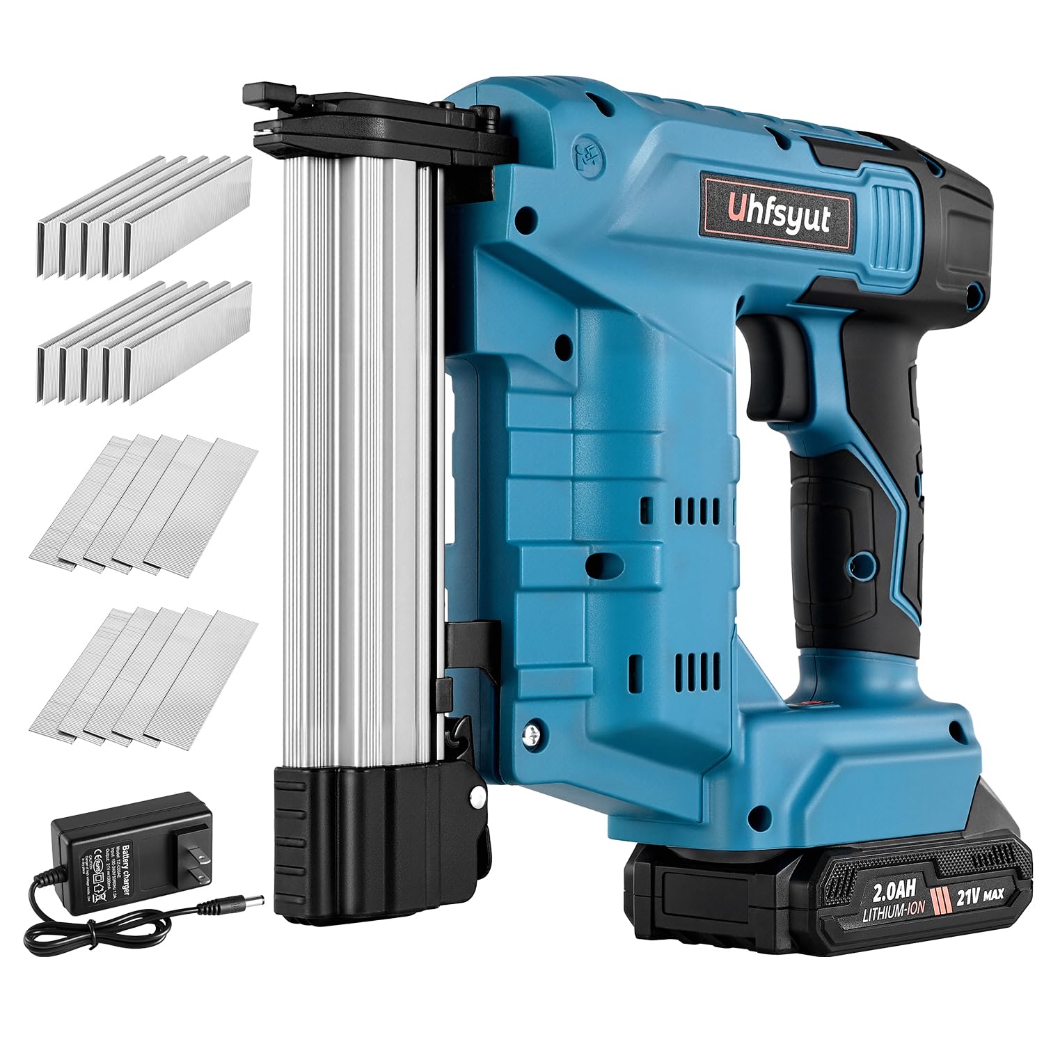 Uhfsyut Nail Gun Cordless with Battery 21V 2 in 1 Brad Nailer and Staple Gun Dual Fire Modes Includes 2000 Fasteners Battery Charger for Carpentry DIY