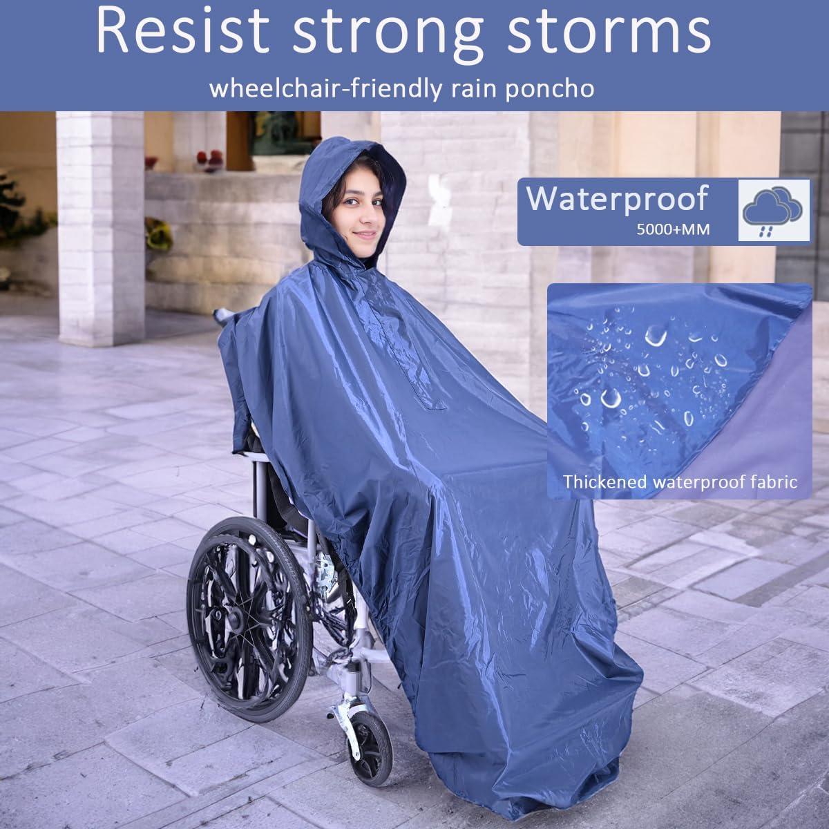 Wheelchair Poncho adult - Waterproof Rain Poncho for Men, Extra Long with Elastic Band Edge, Ideal for Wheelchair, Navy Color, Perfect Rain Cover & Scooter Cover - Image 4