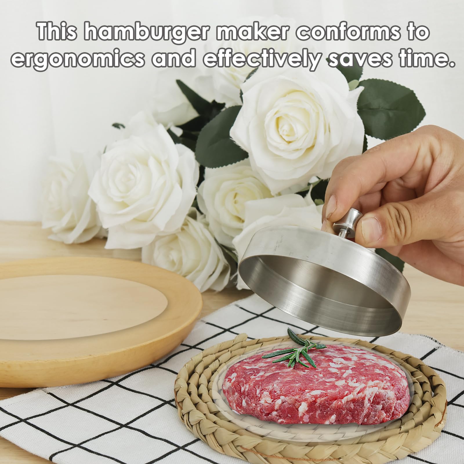 Burger Press with Adjustable Thickness, Stainless Steel Hamburger Patty Maker with 100 Patty Papers Adjustable Thickness Burger Press Patty Maker Non Stick Hamburger Patty Press Mold for BBQ Barbecue