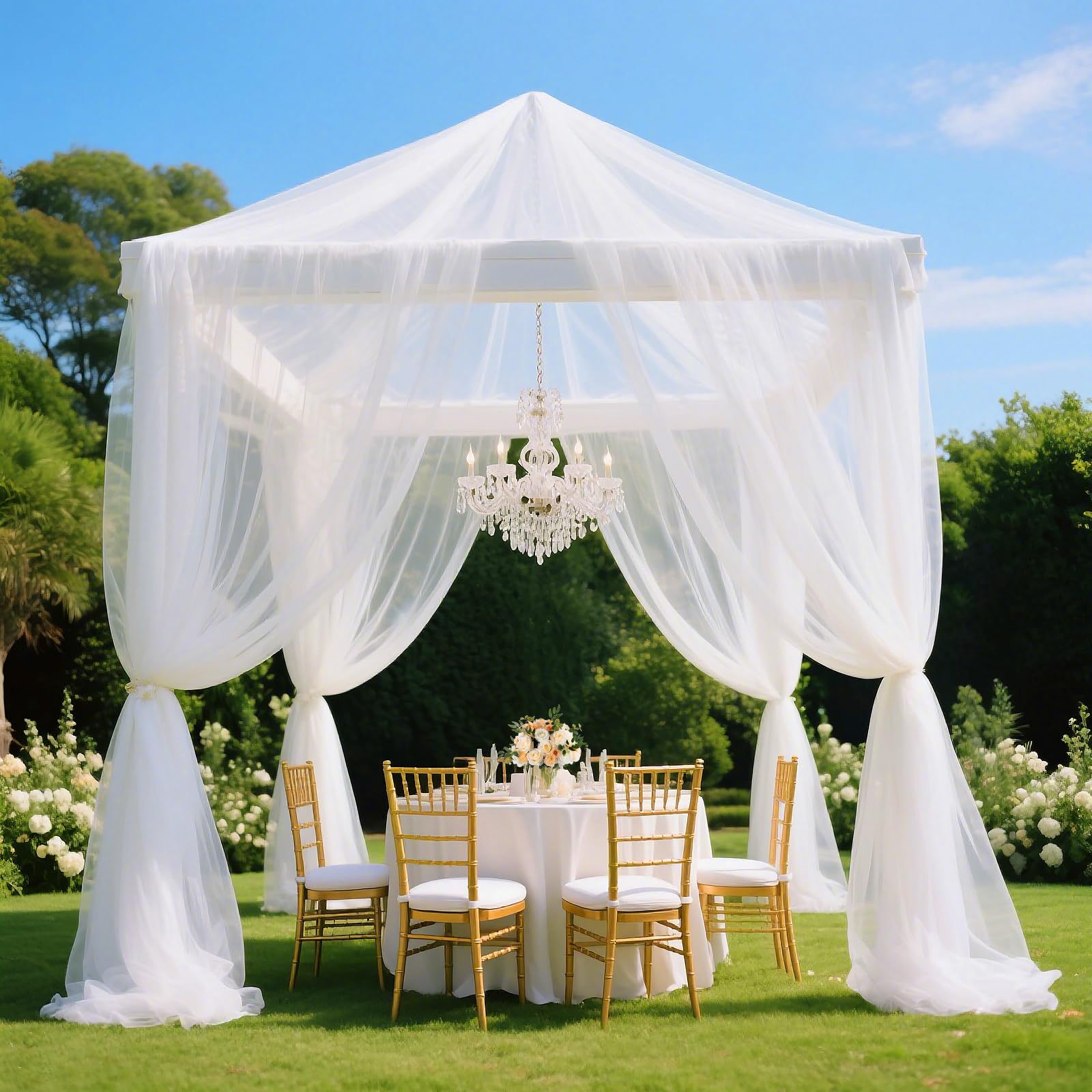 4 białe zasłony ślubne, białe zasłony, 15 m x 66 m, szyfon, na wesele, na imprezę, ceremonię, wesele, jako dekoracja na baby shower, recepcję, na scenę, jako dekoracja