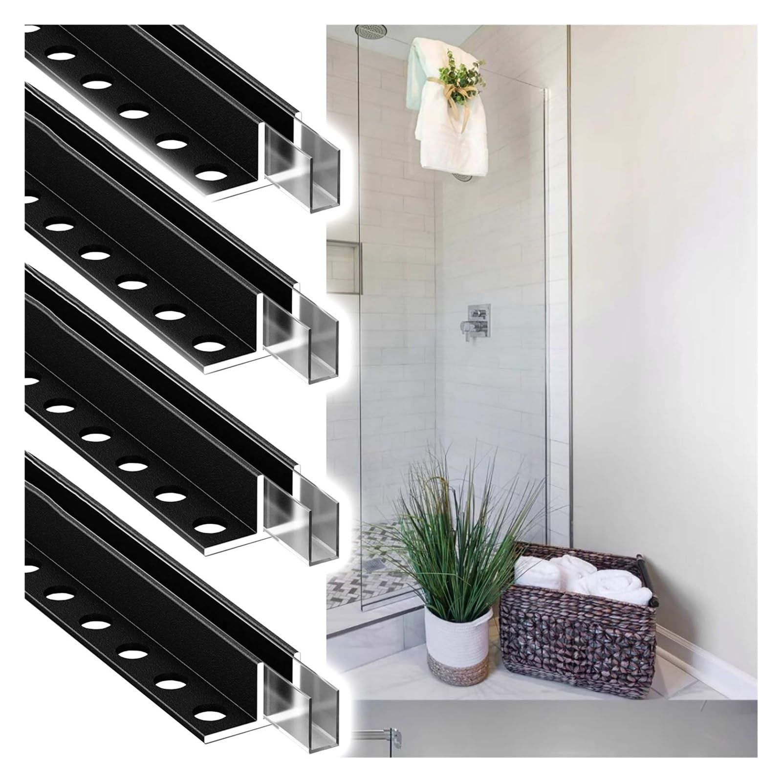 JYHHCYS Tile-In U Channel for Frameless Shower Door Panels, Heavy Duty Aluminum U‑Shaped Glass Channel Track, Matte Black Glass Panel Retainer Hardware(Black 4pcs,8mm/0.31in)