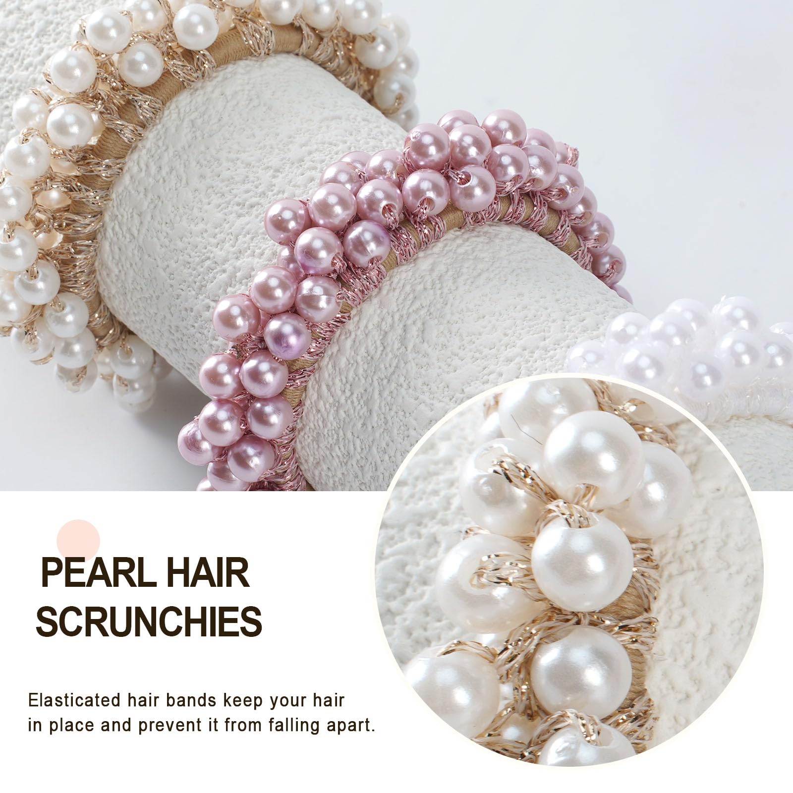 OT-NVWOZR 6PCS Pearl Hair Scrunchies, Elastic Hair Ropes Ponytail Holder Hair Accessories for Women, Crystal Pearl Hair Ties Hair Bobbles Hair Styling Hair Clips Gift for Girls White - Image 2