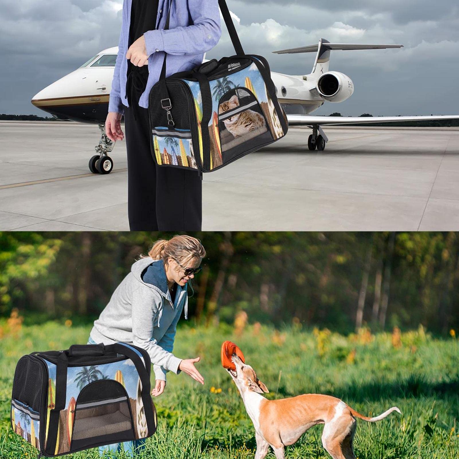 Trasportino da spiaggia per animali domestici con palme e trasportini da viaggio per gatti, cani e cuccioli, borsa pieghevole per animali domestici approvata dalla compagnia aerea