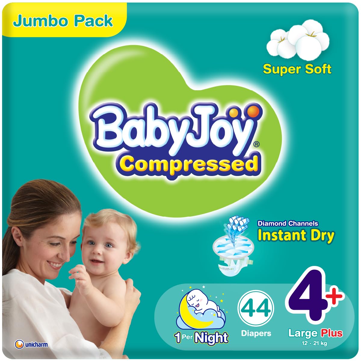 BabyJoyCompressed Diamond Pad Diaper, Jumbo Pack L+ Size 4+, Count 44, 12 - 21 Kg