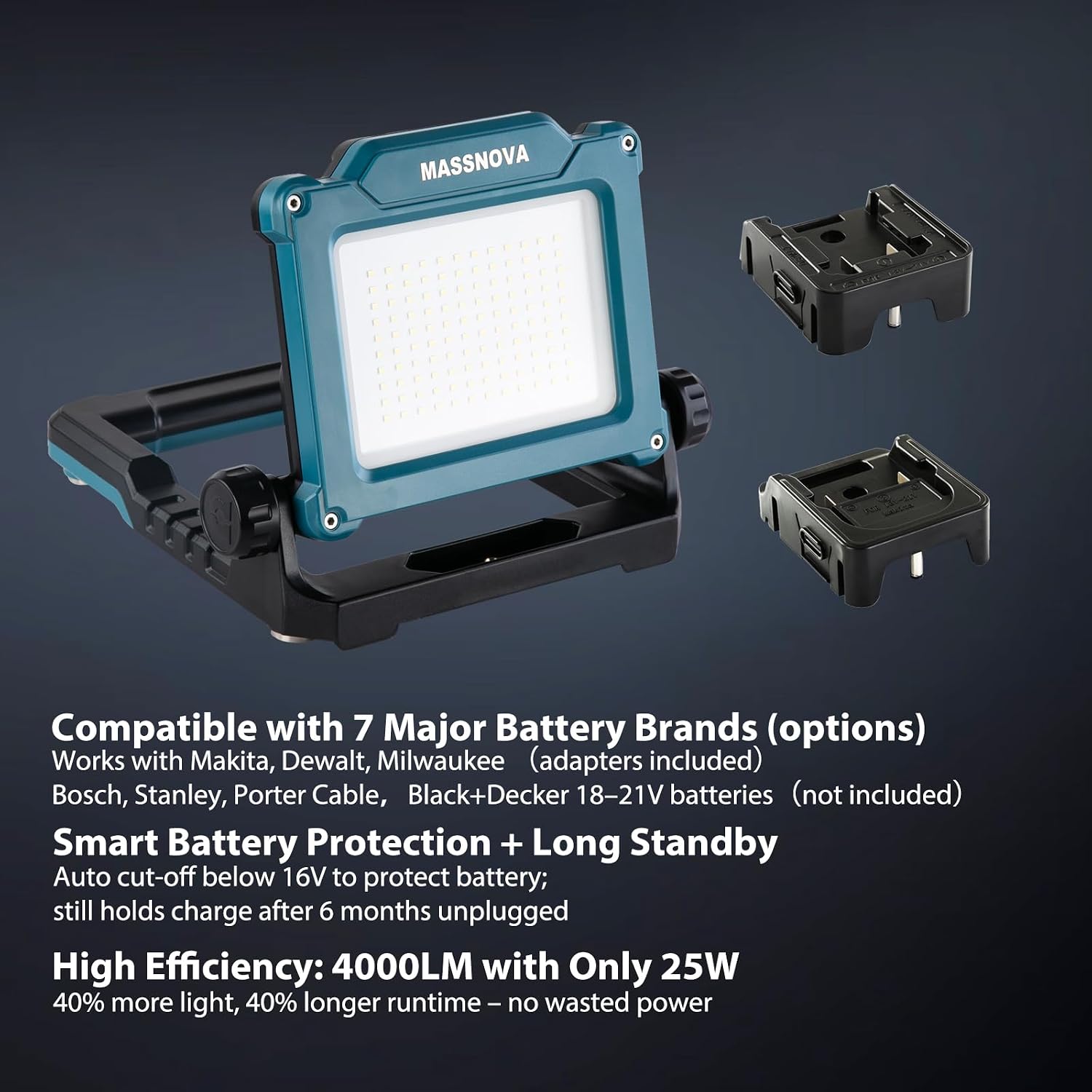 4000LM 25W Cordless Work Light Compatible with Dewalt, Makita and Milwaukee 18-21V Power Battery, Brightness Adjustable, Flicker Free (Battery Not Included)