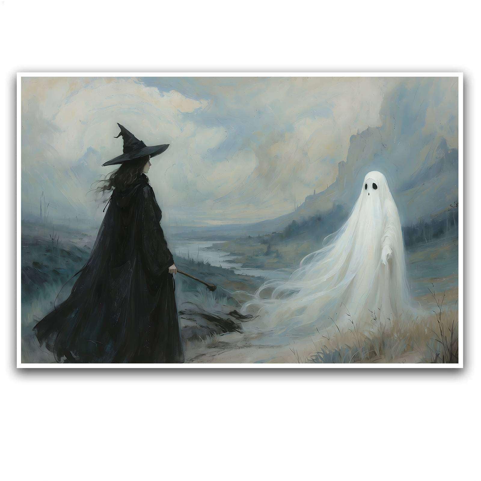 Spooky Witchy Decor Witch and ghost Canvas Wall Art Mystic Figures in Flowing Robes Ethereal Nature-Inspired Wall Decor for Spiritual Spaces 12x16in UnFramed