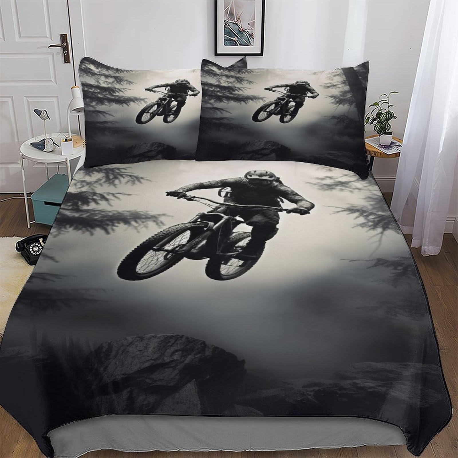 GGJJTT Mountain Bike Bedding Set Duvet Cover with Pillowcase Soft Microfiber Comforter Cover 2PCs For Boys, Girls And Teenagers Single135x200cm