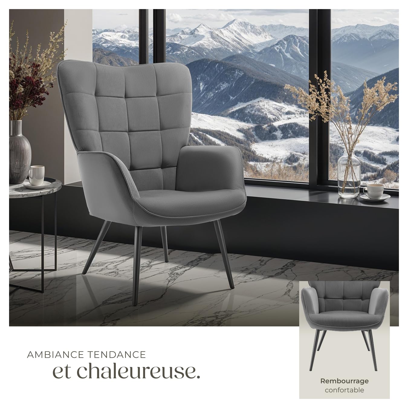 tectake® Fauteuil Relax Confortable en Velours côtelé Fauteuil Scandinave Moelleux avec Accoudoirs & Dossier Ergonomique pour Salle à Manger, Salon, Chambre, Siege Bureau, Allaitement Gris/Noir