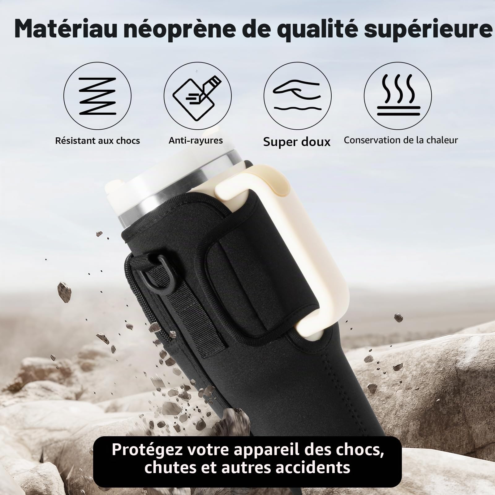 Stanley Cup Sac porte-bouteille d'eau avec sangle, accessoires paille anti-fuite et mousqueton - Noir
