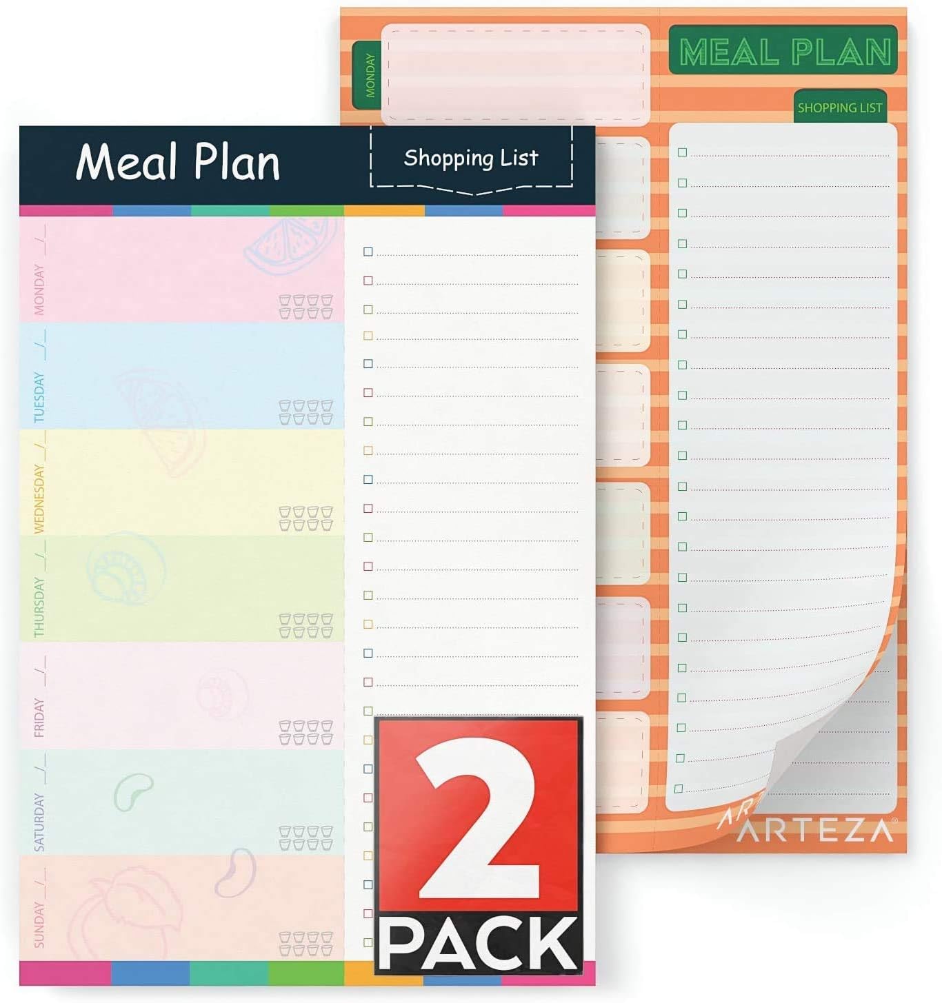 Arteza Weekly Meal Planning Pad, Magnetic Notepad, 6x9 Inches, Pack of 2, 60 Premium 68Lb/100gsm Pages Each with Tear Away Perforated Grocery List for Convenient Shopping, Hangs on Refrigerator Doors