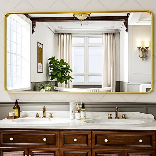 Vista 117 de Espejo de baño dorado de 30 x 22 pulgadas para pared, marco de aleación de aluminio, espejo rectangular montado en la pared para decoración