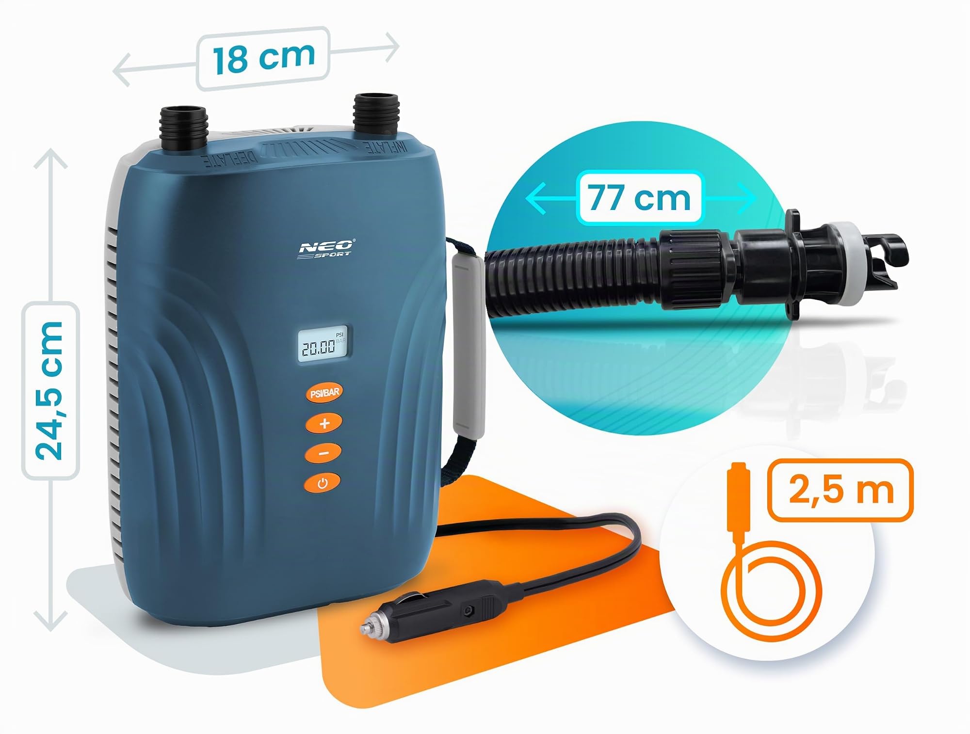 Neo-Sport Pompa ad aria elettrica 12 V per SUP, materasso ad aria e gonfiabile, pompa SUP 20 PSI con doppio motore, arresto automatico, 6 adattatori e funzione deflate