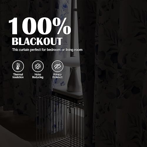 Miniatura 3 de Cortinas 100% opacas de 84 pulgadas de largo para dormitorio, cortinas estampadas florales azules para oscurecer la sala de estar, cortinas con