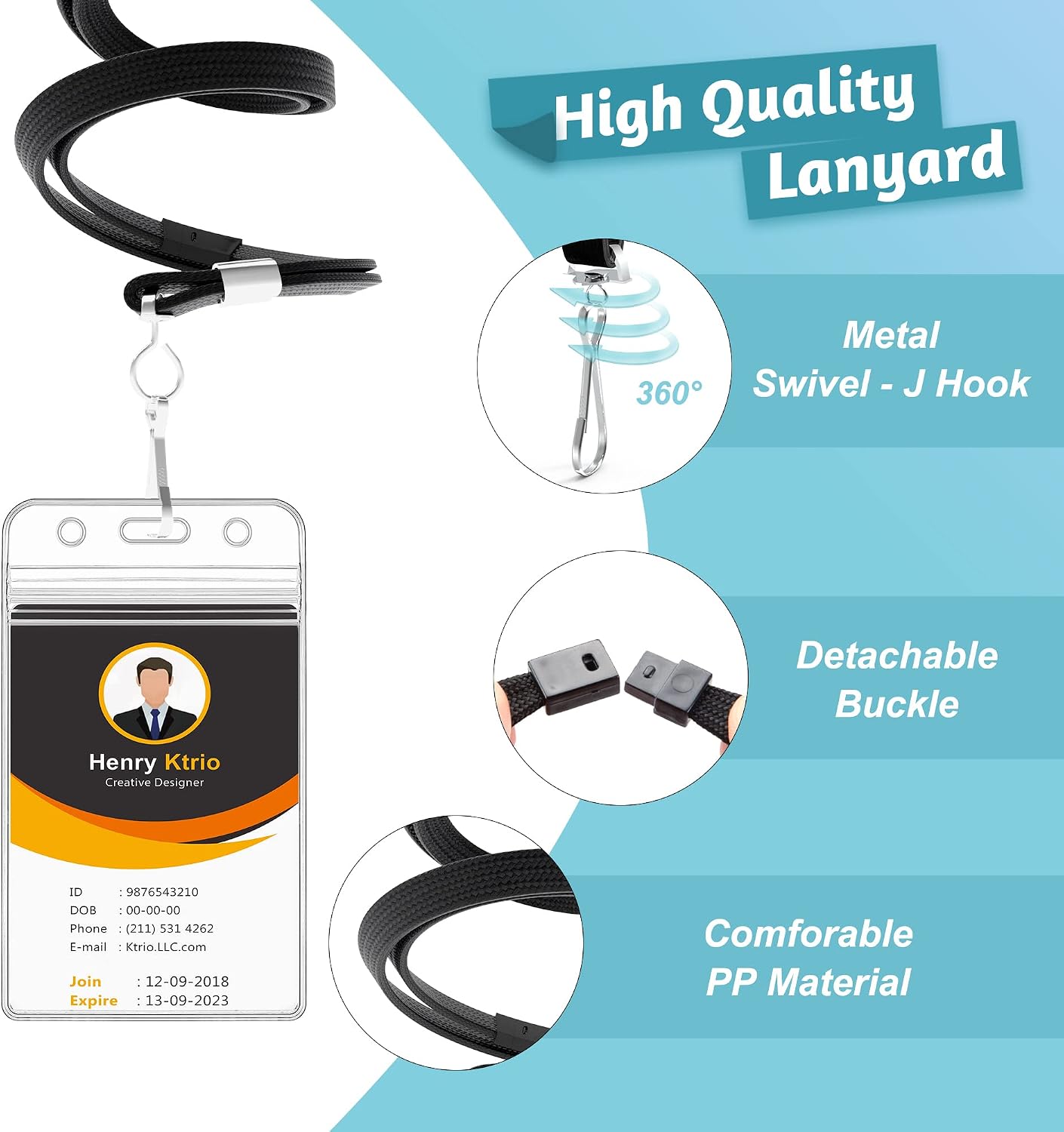 KTRIO 10 Pack Lanyards with ID Badge Holder, Breakaway Flat Polyester Lanyard with Clear ID Holder, Name Tag Badge Holder for Office, School and Nurses