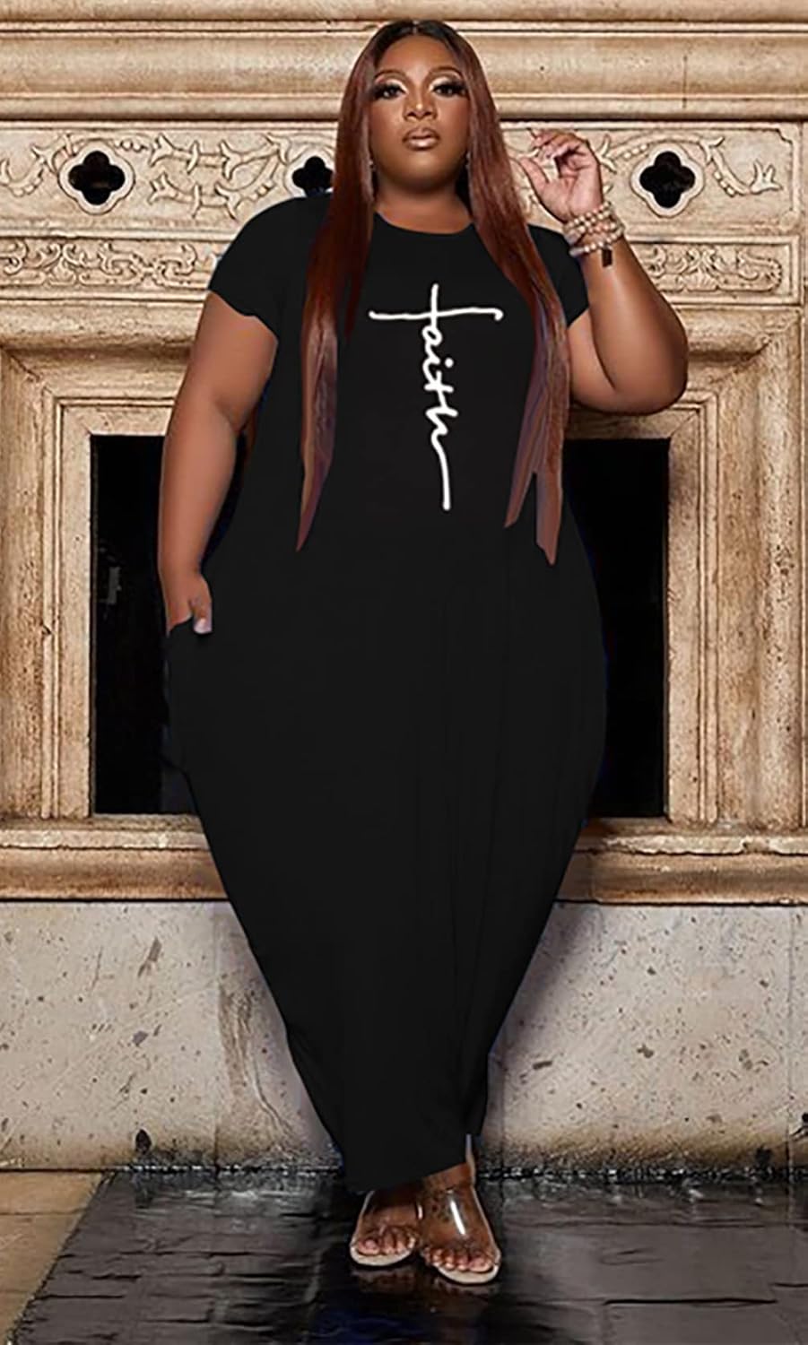 Women's Summer Plus Size Short Sleeved Long Dress Casual Loose Faith Beach Maxi Dress with Pockets