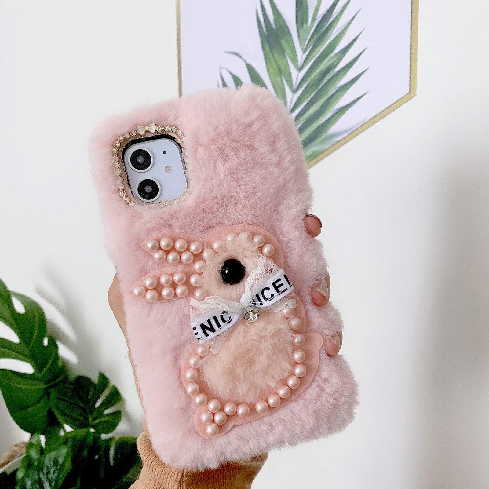 Artfeel Peluche Custodia per Xiaomi Redmi Note 10 5G,Carino 3D Perla Coniglio Peloso Soffice Inverno Caldo Morbido Pelliccia Cover con Glitter Diamante per Ragazze Donne,Coniglio Rosa