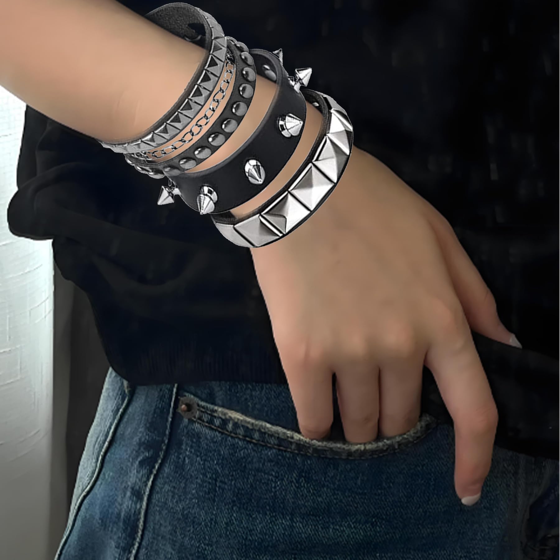 Pulsera de Cuero Punk Ajustable Gótica para Niños Niñas Accesorios Rock Negro