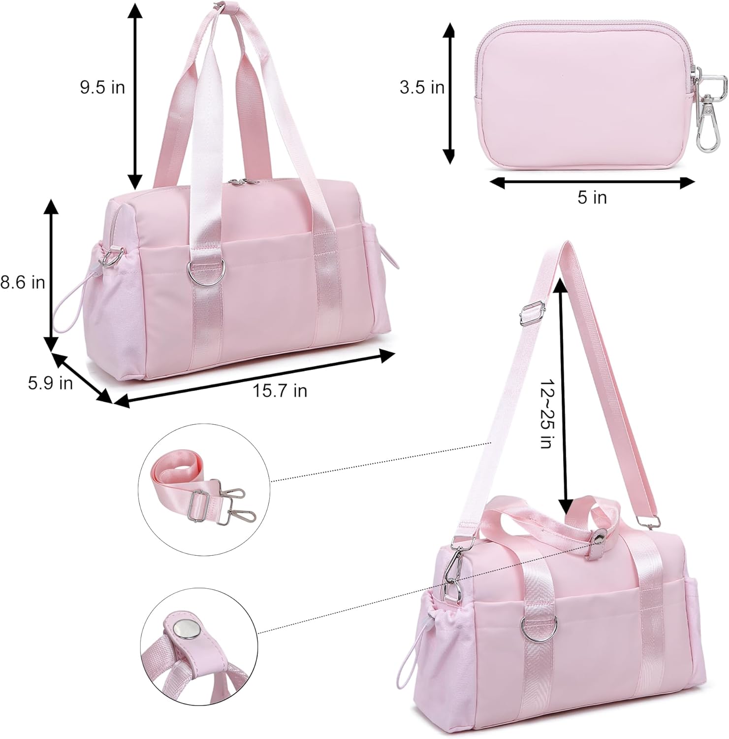 Everyday Mini Gym Bag for Women 2.0, Small Tote with Zipper Compartment Waterproof Travel Duffle Cute Handbag Workout Carry On with Removeable Shoulder Strap & Coin Wallet Easy to Clean - Pink - Image 5