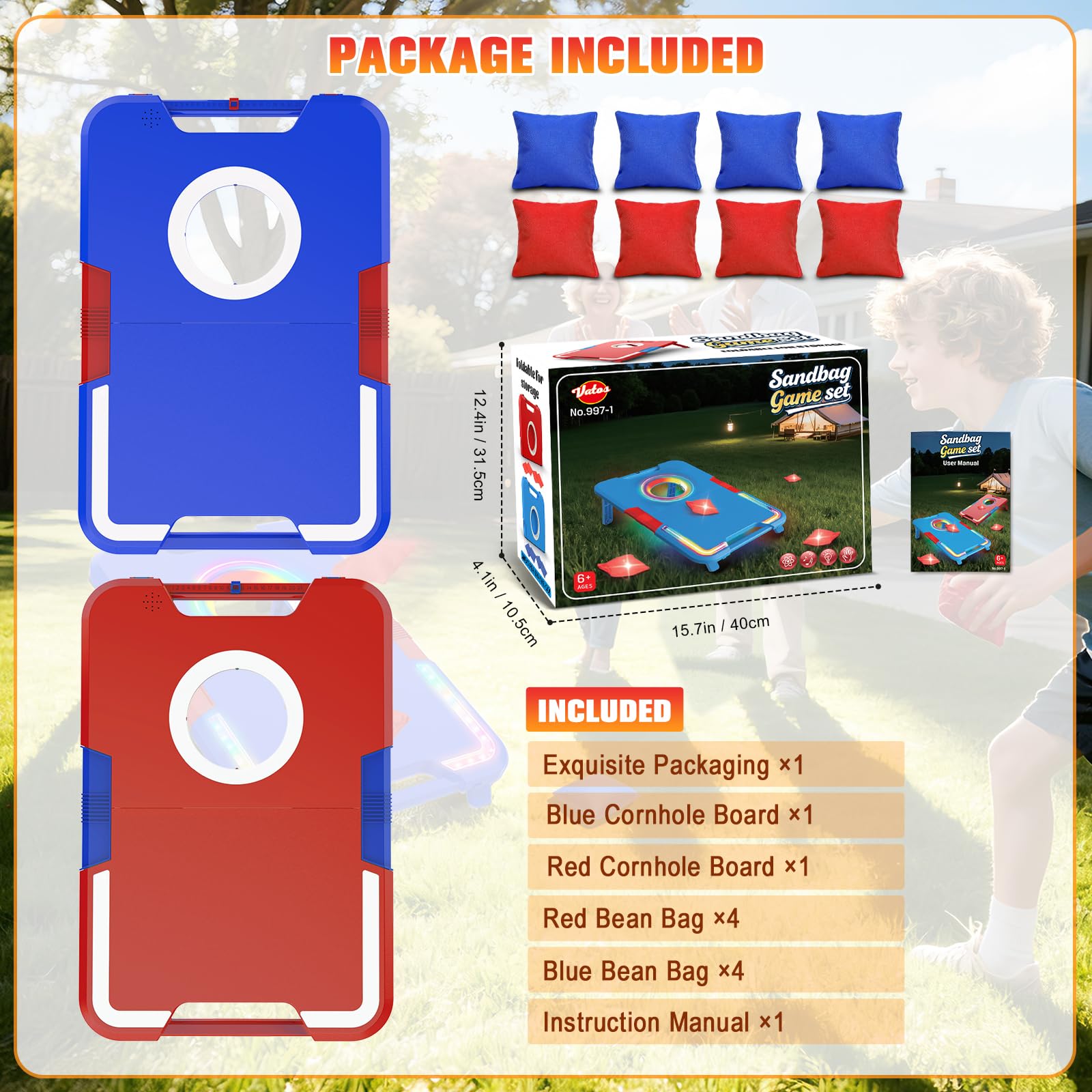 VATOS Tragbares Cornhole-Set mit LED-Lichtern & Soundeffekten, Punktanzeige, klappbar – 2 Spielbretter & 8 Beutel für Garten, Camping, Tailgate-Partys, Outdoor-Spiel für Kinder und Erwachsene