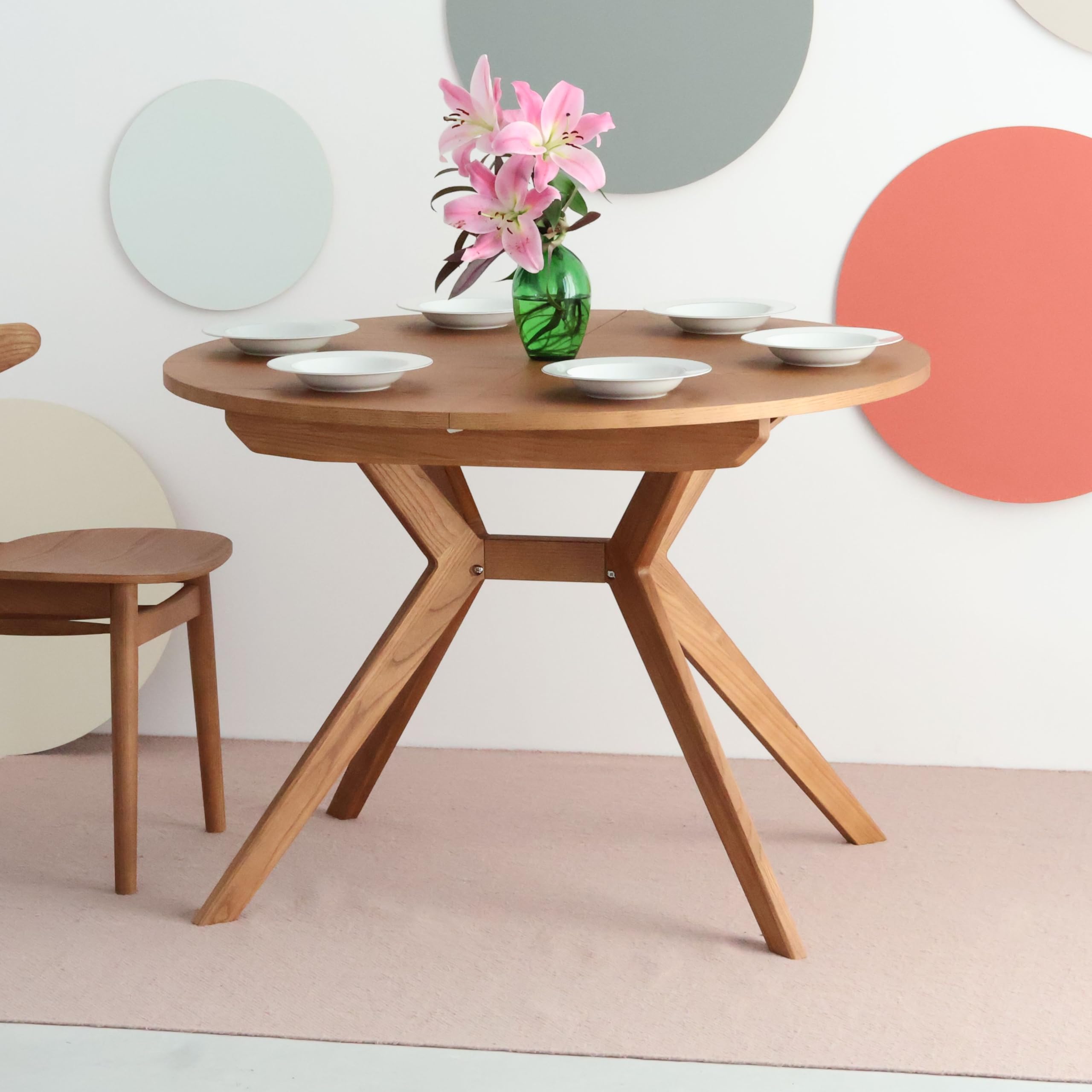 RAGABA Tavolo da pranzo allungabile 120 cm Biju, tavolo da pranzo rotondo per 6 persone, legno di frassino naturale e MDF rivestito in impiallacciatura di frassino naturale, nero