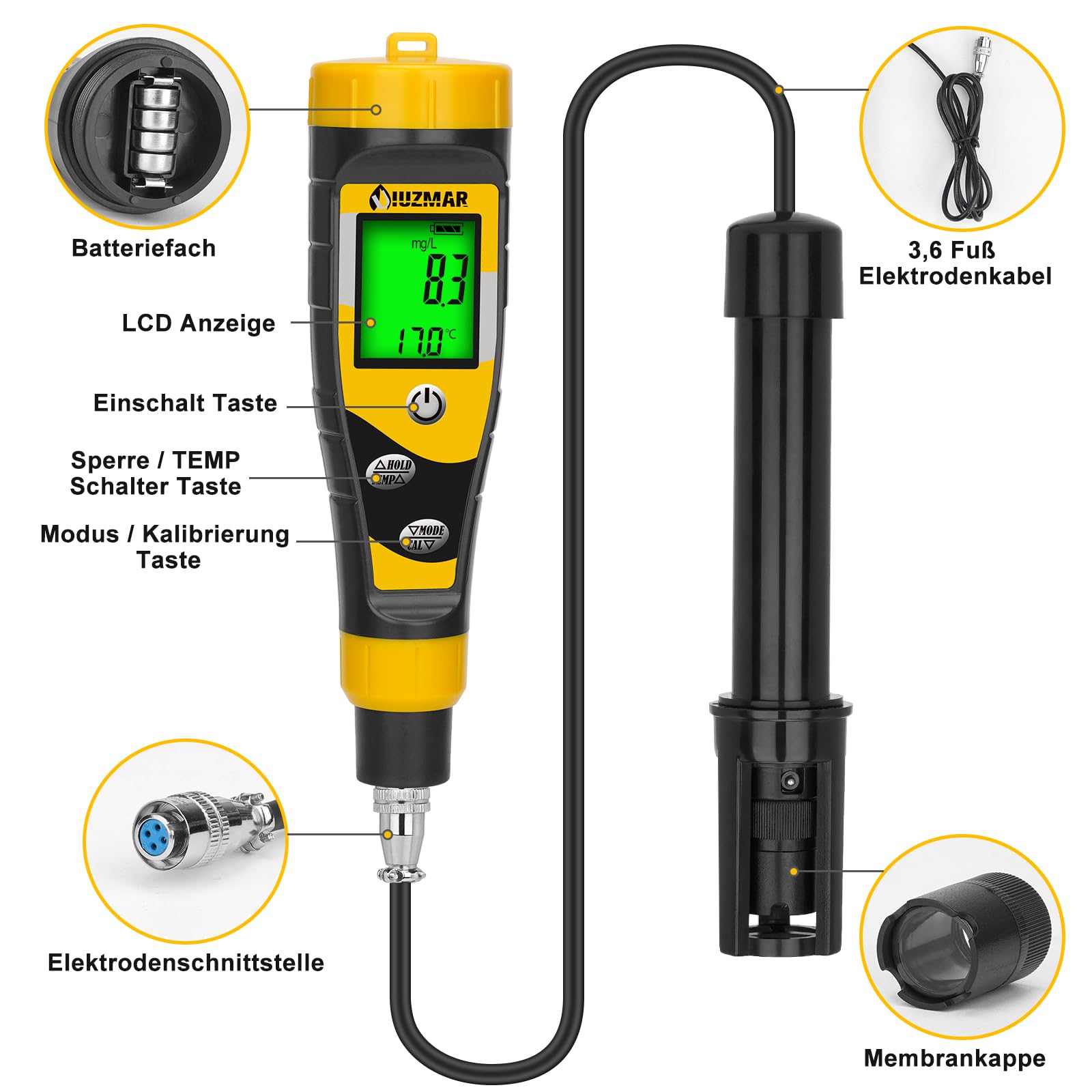 Messgerät für Gelösten Sauerstoff Tragbares Testkit für Gelösten Sauerstoff | Digitales Do Meter mit 3.6 Fuß Elektrode, für Teiche, Aquarien, Aquakultur mit Messbereich 0.0-40.0 Mg/L