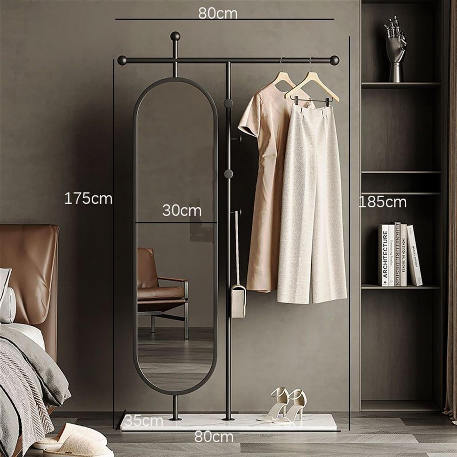 Specchio a Pavimento Semplice appendiabiti da terra, specchio for la camera da letto, specchio a figura intera girevole, appendiabiti Specchio Lungo (Color : Nero, Size : 80cm)
