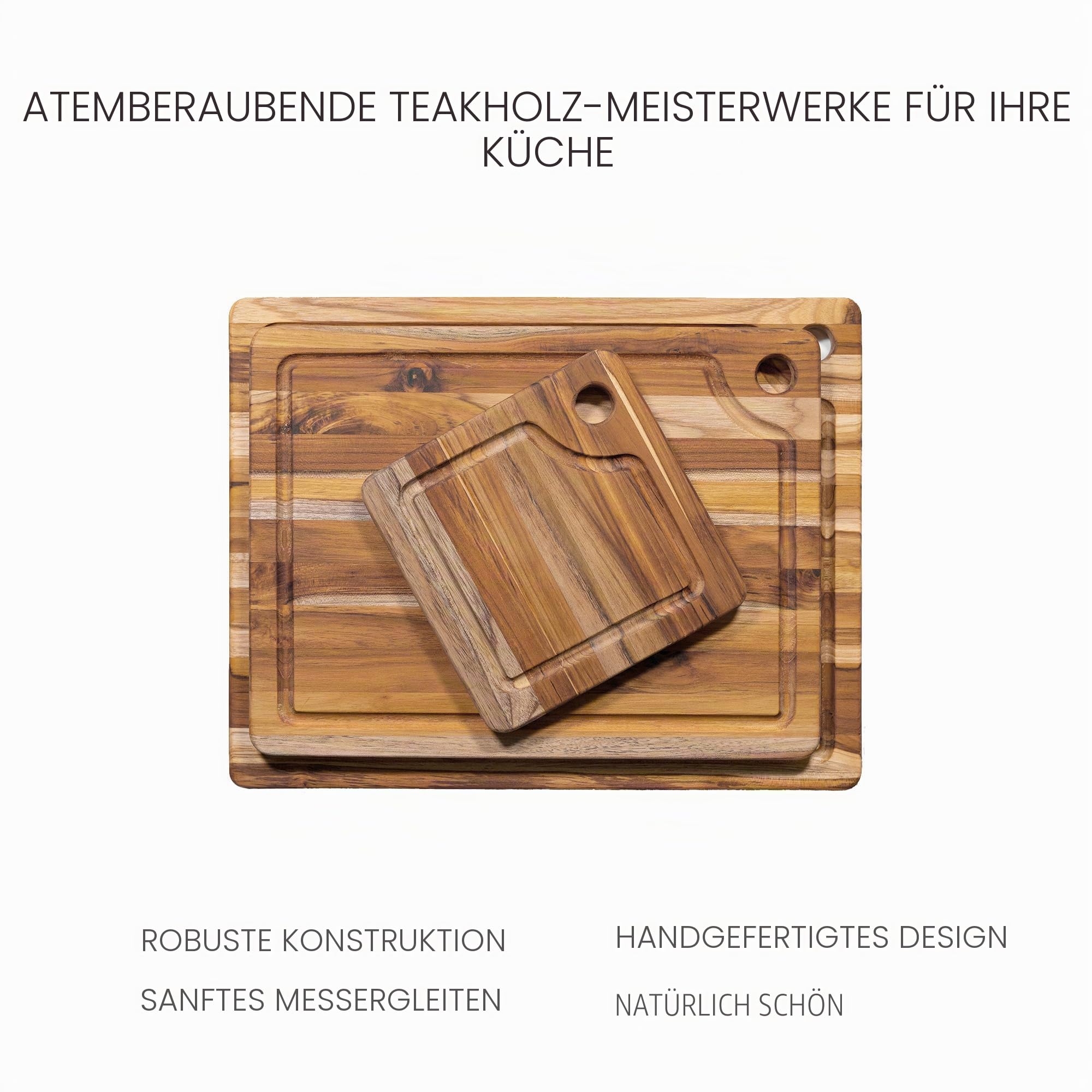 Teakhaus Marine Schneidebrett mit Saftrille, 46×36×2 cm, FSC-Teakholz | Holzbrett mit Aufhängevorrichtung, messerfreundlich, langlebig, für Fleisch, Gemüse und Kräuter geeignet