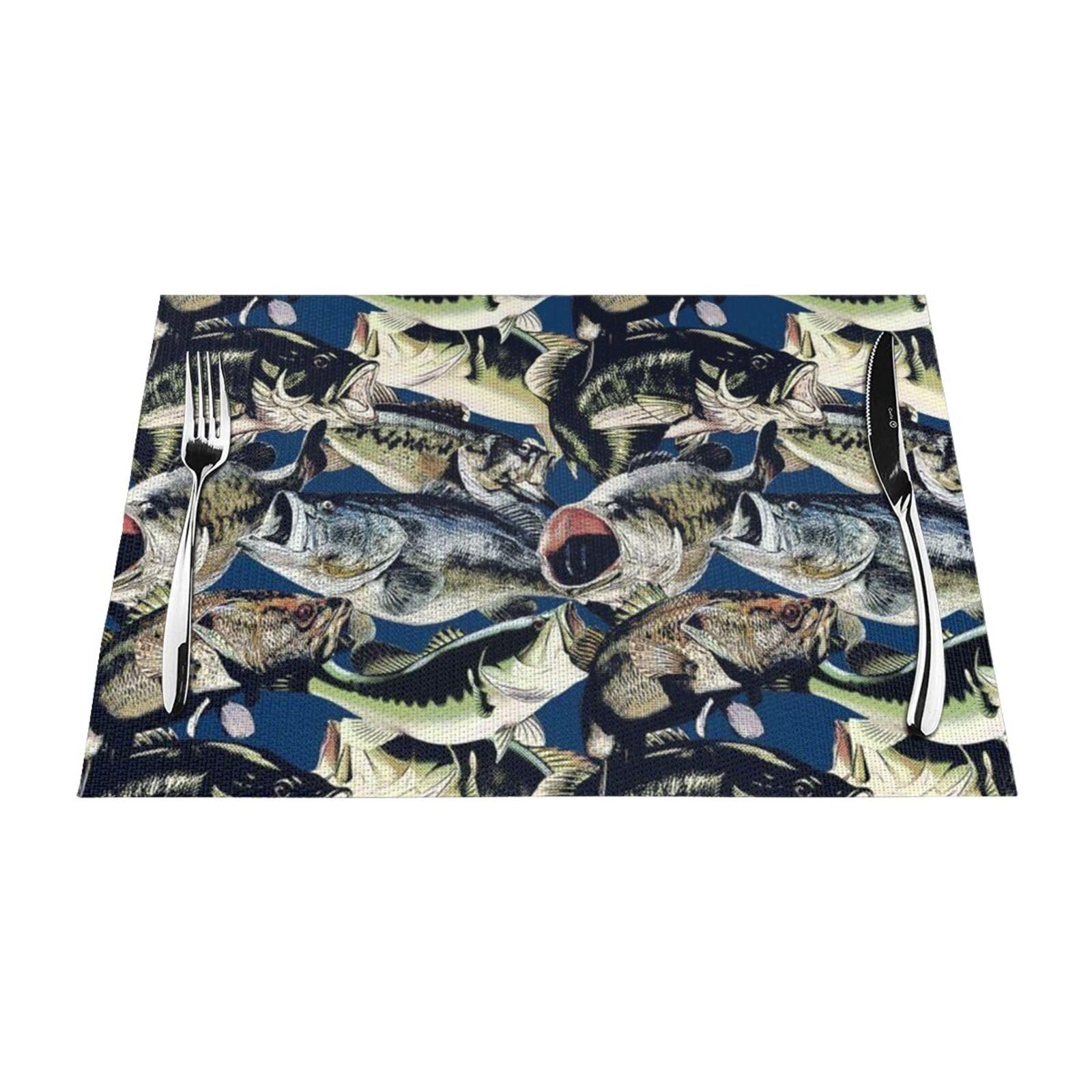 PVC Placemat Set of 6 PCS, 45x30 CM, Fish pattern Printed Non-Slip Heat Resistant Place Mats for Kitchen Dining Table Indoor Outdoor