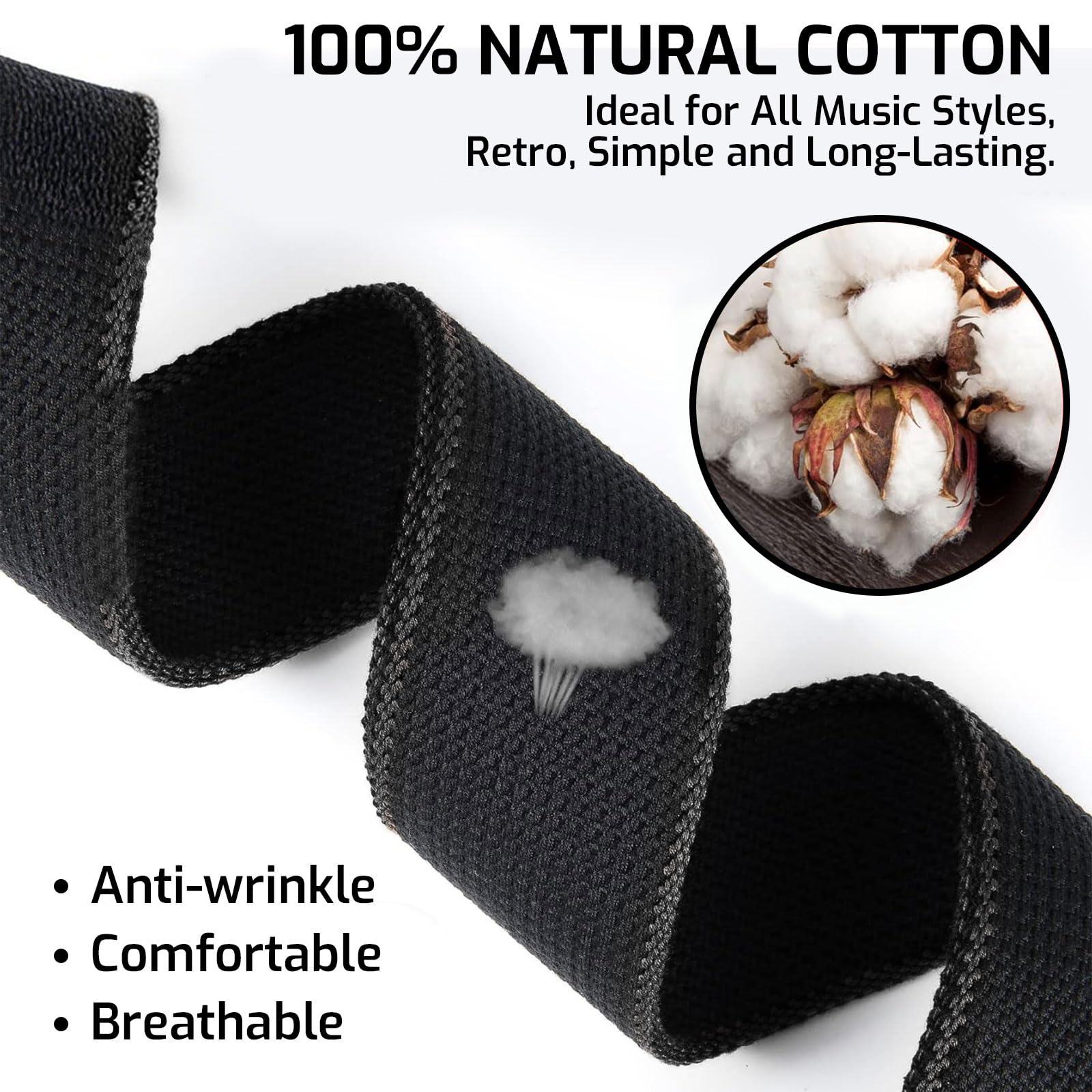 AzureRay Sangle Guitare Acoustique et Électrique Ajustable, Coton Tissé avec Détails en Cuir PU, Accessoire pour Guitare Basse (Noir)