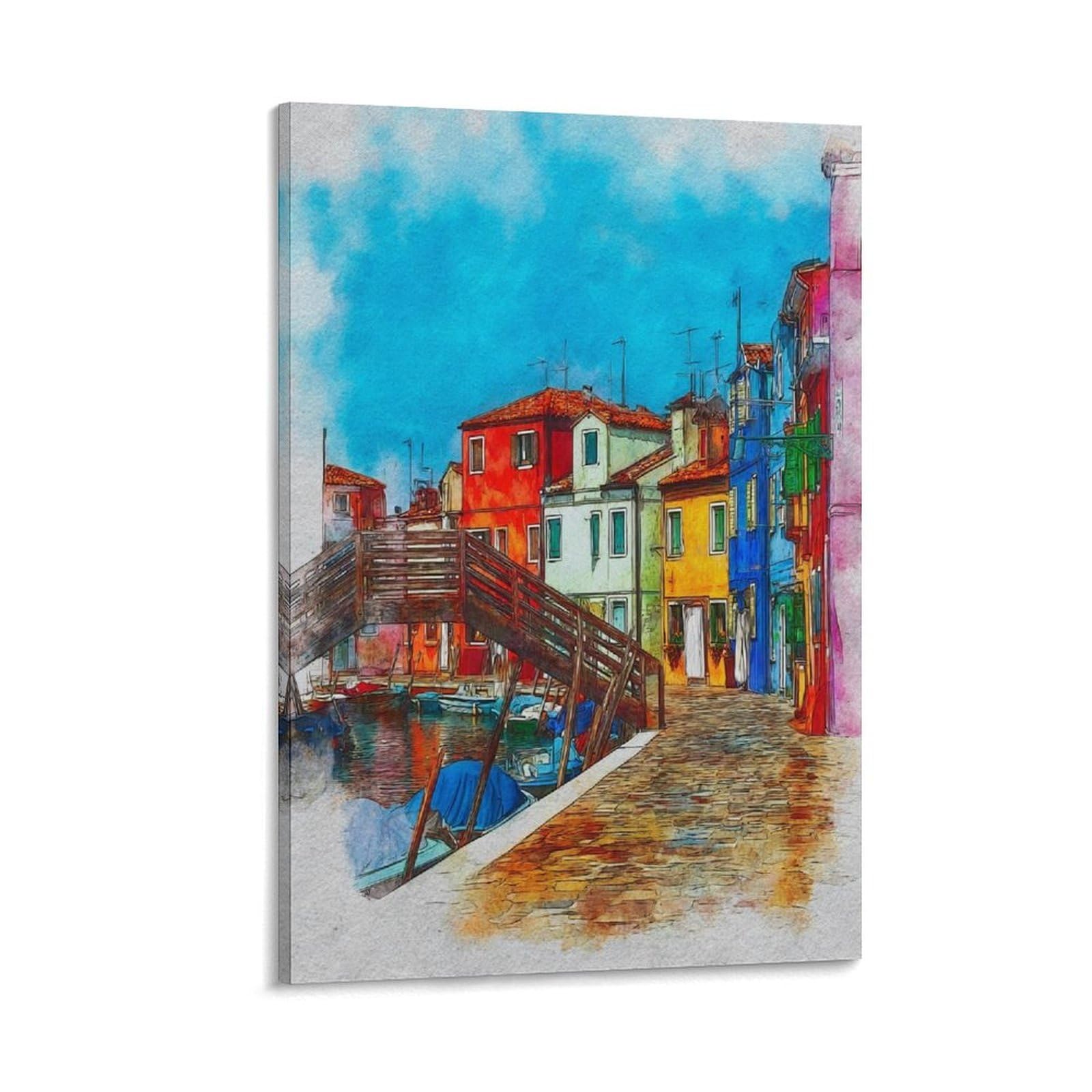 Cnaheiz Frame-Style Burano Italy 08X12inch(20X30cm) Vintage Travel Poster Watercolor Canvas Art