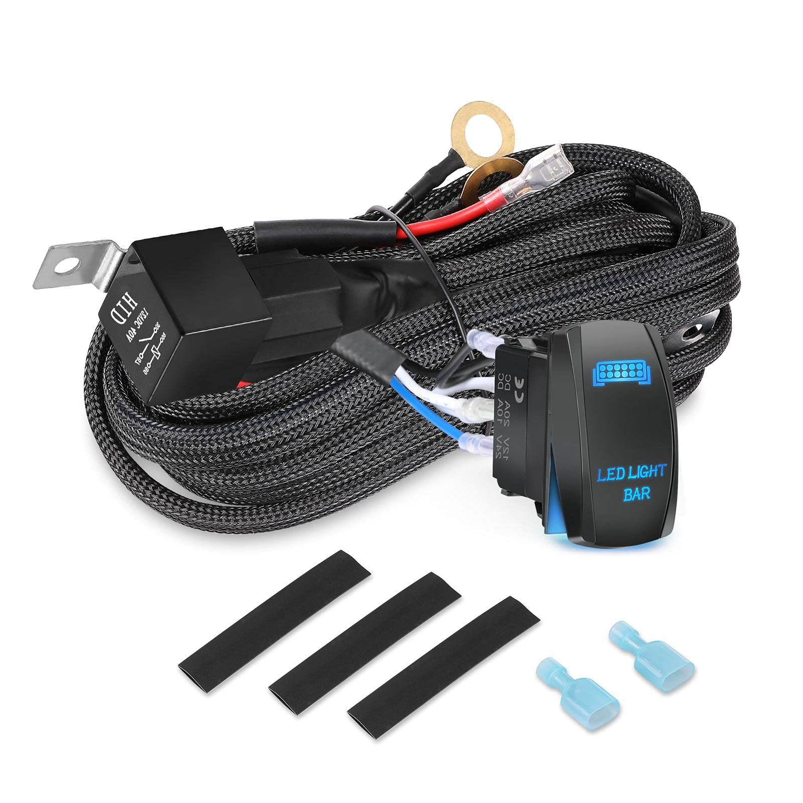 Wiring Harness for LED Light Bar, Niwaker 12V 40A Rocker Switch Relay Fuse Nylon Wiring Harness Kit for LED Work Lights LED Pods Fog Lights for Truck UTV ATV Off Road RZR Wrangler Boat, 1 Lead