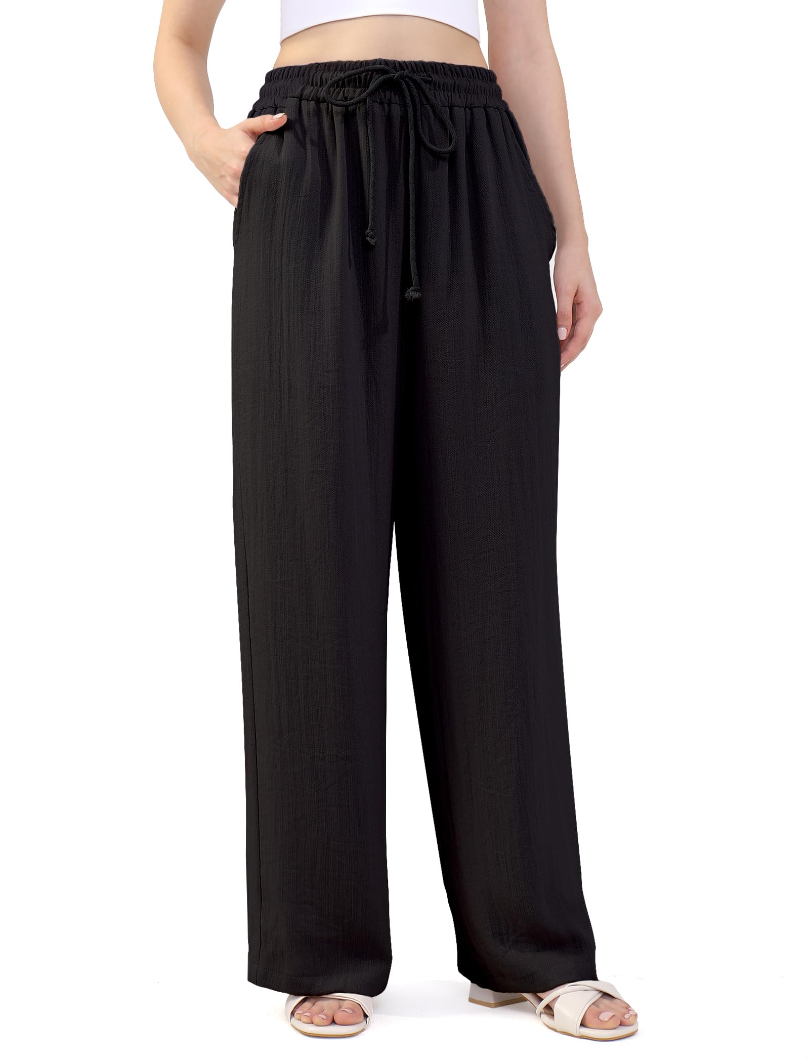 Womens Wide Leg Casual Pants Drawstring Waist Viscose Loose Beach Vacation Summer Palazzo Pants