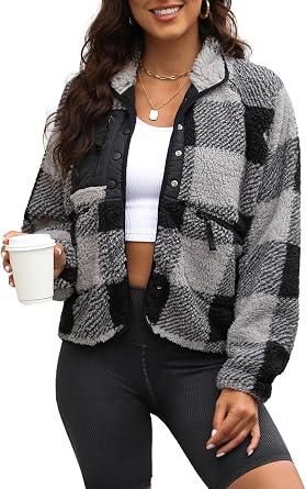 Yanekop Womens Fleece Jacket Fuzzy Long Sleeve Short Coats Button Down Sherpa Outerwear With Pockets, Black Grey, M