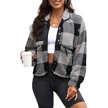 Yanekop Womens Fleece Jacket Fuzzy Long Sleeve Short Coats Button Down Sherpa Outerwear With Pockets, Black Grey, M