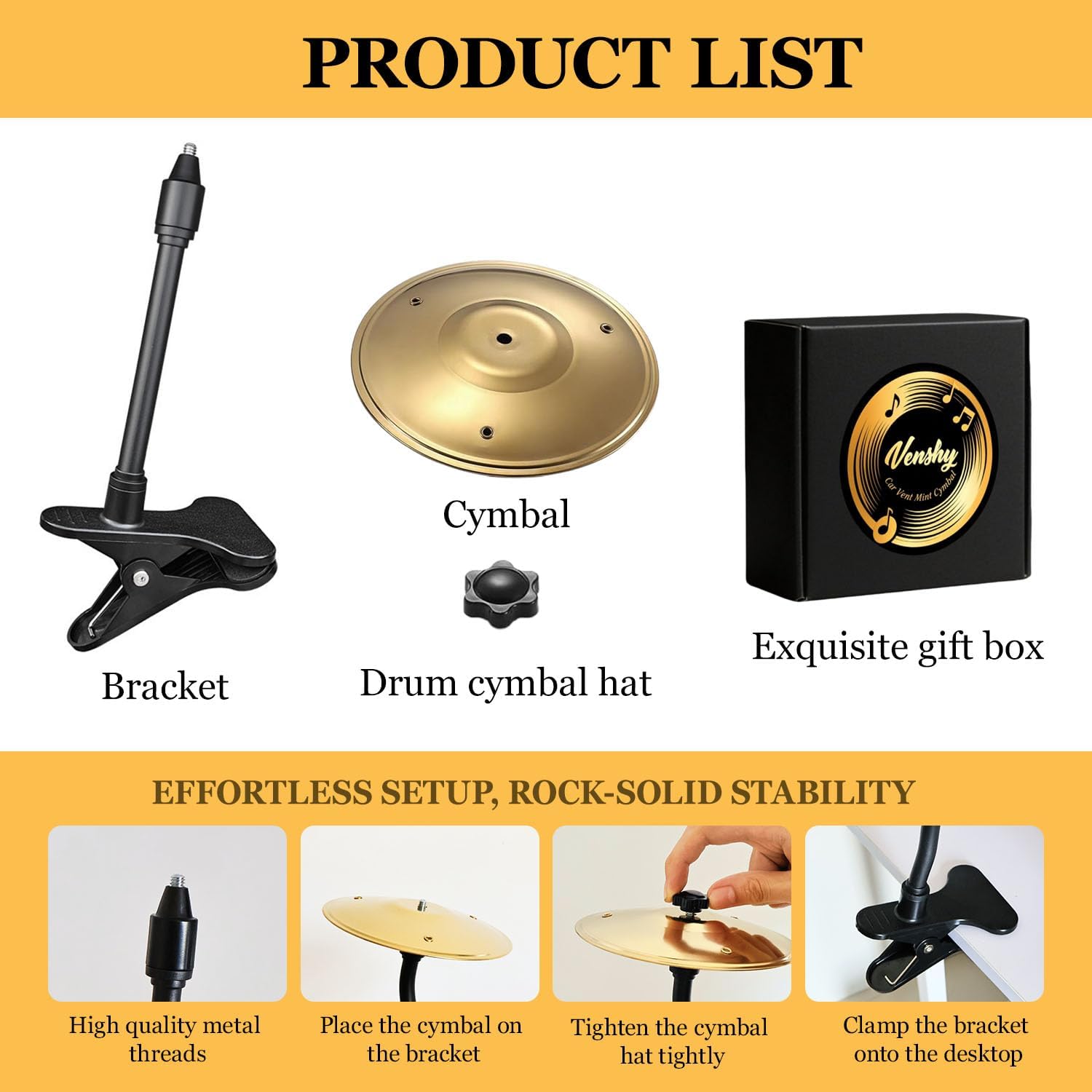 Car Cymbal with Clip - Portable Tabletop Percussion Instrument for Fun Stress Relief, Impromptu Sessions, Office & Home Play, Funny Musical Instruments for Drummer Music Lovers Gift (Golden, 2pcs)