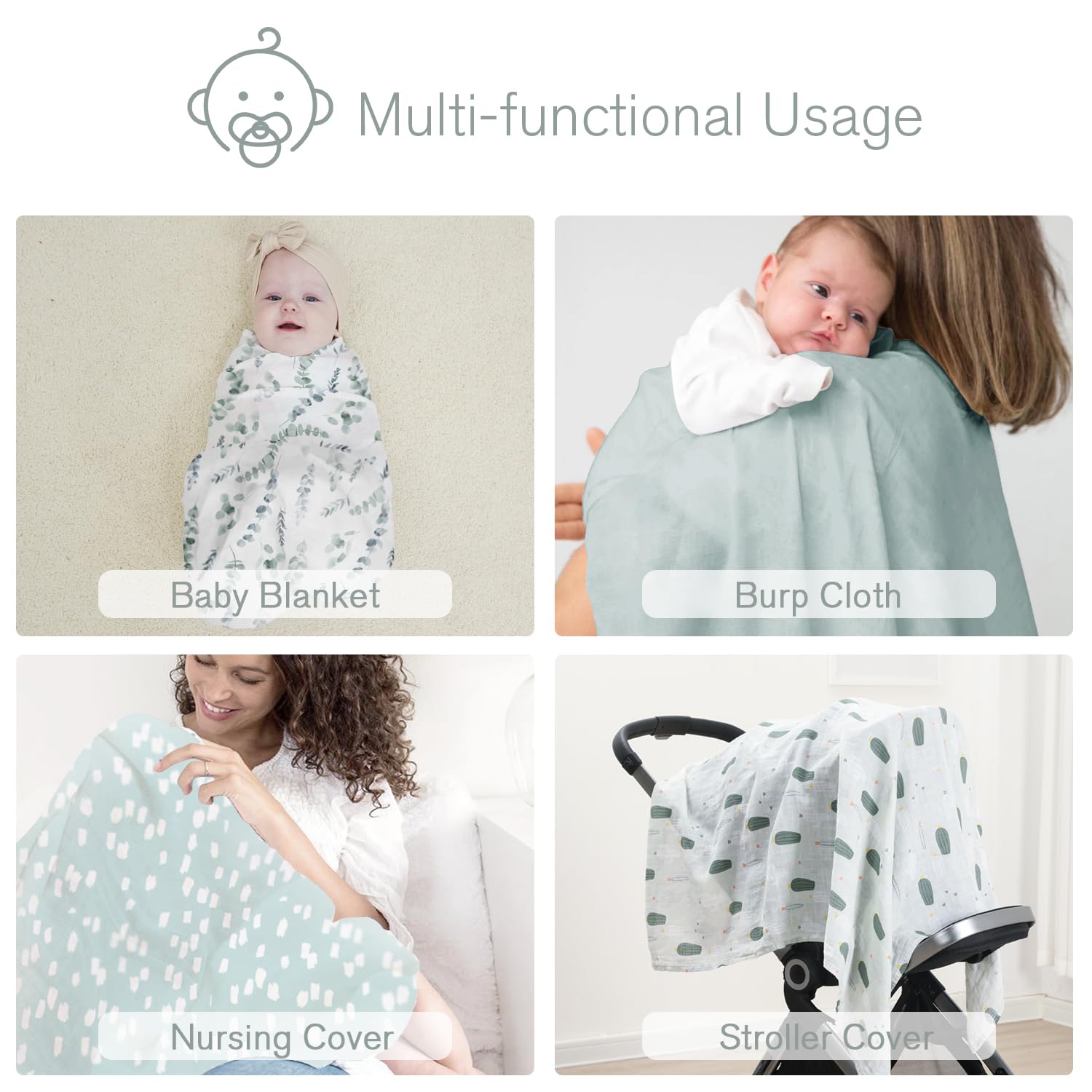 Little Grape Land Juego de 4 Pañales de Gasa para Bebés, 120 x 120 cm, Pañales de Gasa para Bebés y Niñas, Pañales de Muselina para Bebés y Niñas, Musel
