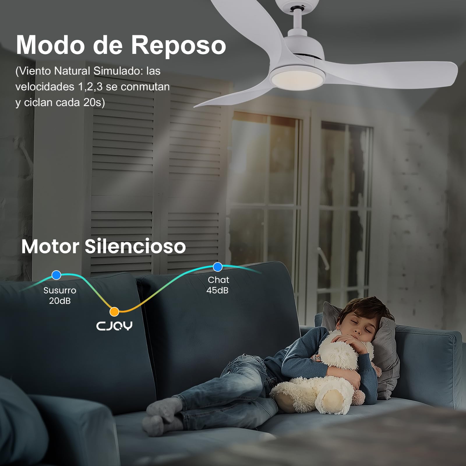 CJOY Ventilador de Techo con Luz 107cm, Blanco Ventiladores de Techo con Mando Silencioso, 6 Velocidades, Memoria 3 CCT, LED Regulable, DC Reversible, Temporizador, Para Dormitorio/Salón/Cocina