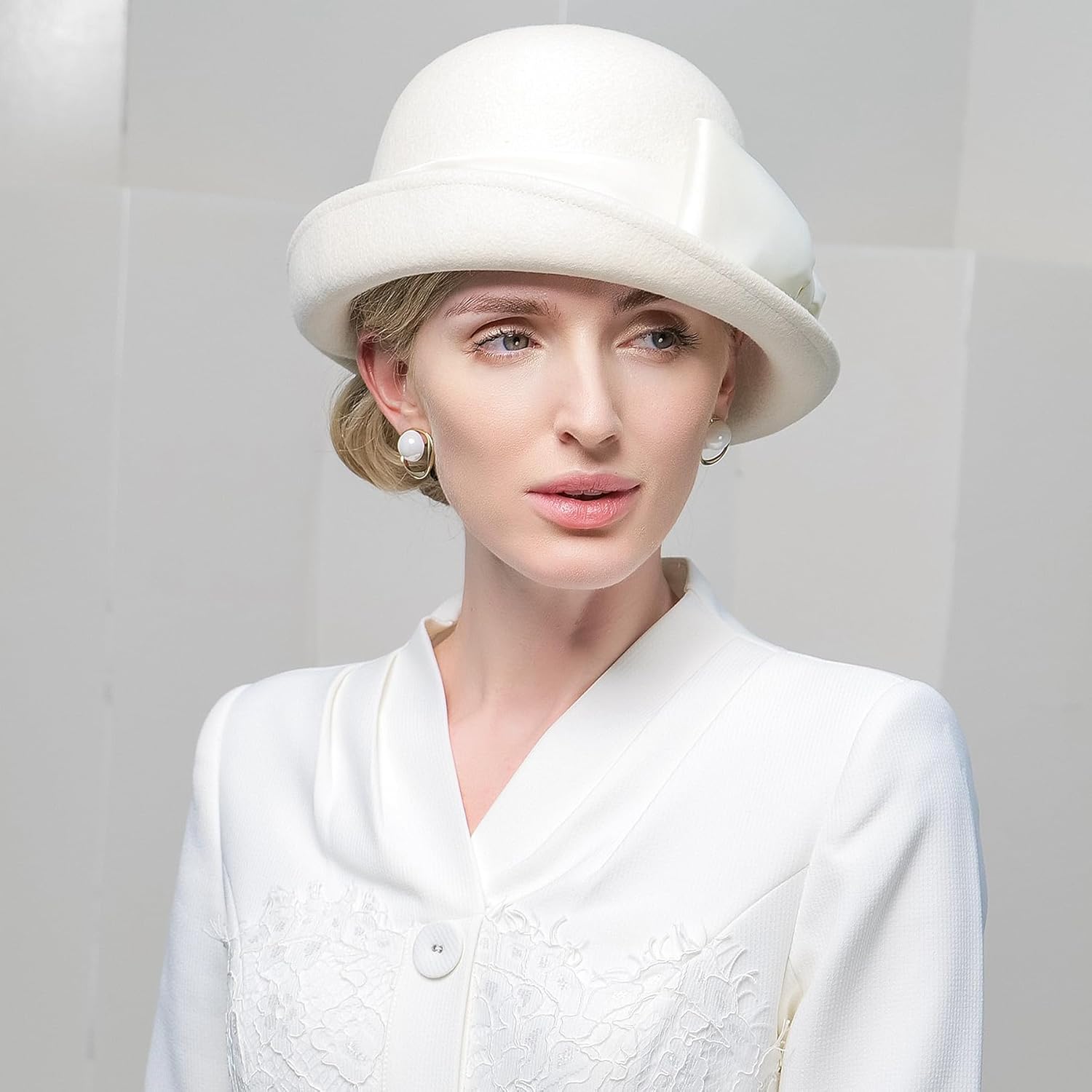 F FADVES Women Solid Color 100% Wool Winter Hat Women Cloche Bucket Bowler with Bowknot