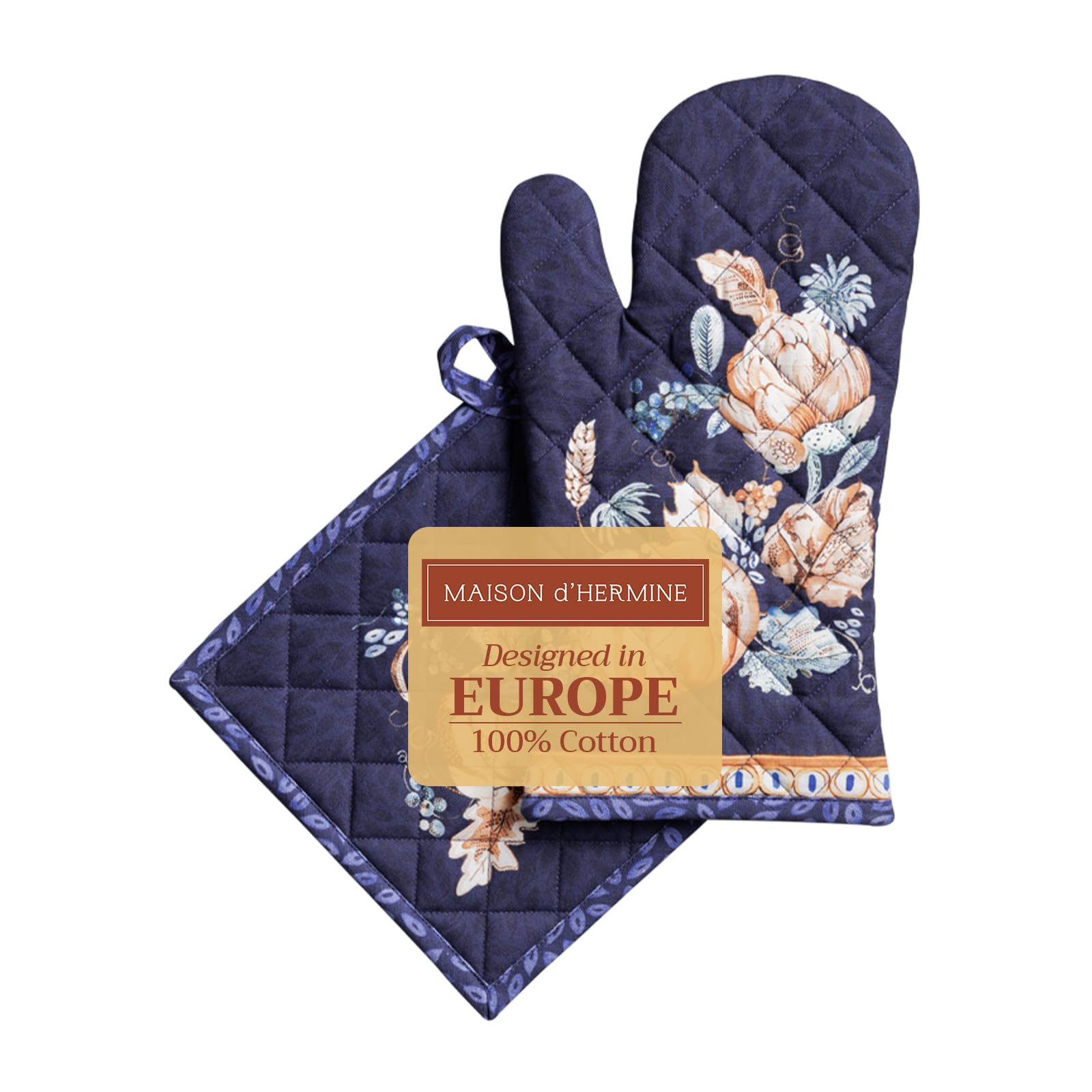 Maison D' Hermine 16 - Pumpkin Blues 100% Cotton Oven Mitt & Pot Holder Set (19 X 33 Cm & 20 X 20 Cm) Heat Resistant Bbq Cooking Gloves With Loop For Christmas Decorations Baking Handling Hot Pans (Pumpkin Blues)