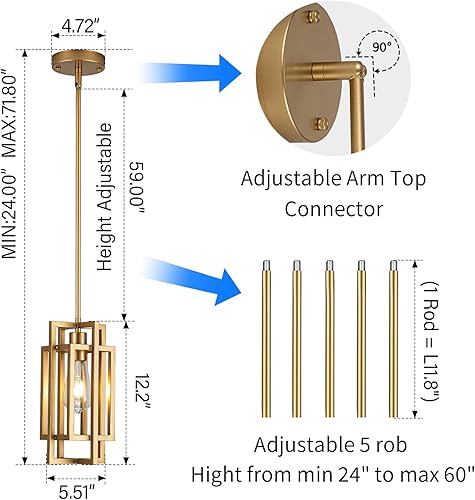 Miniatura 3 de Lámparas colgantes de granja, modernas luces colgantes doradas de 59 pulgadas, ajustable, pequeña, cuadrada, colgante de techo, para cocina, isla,