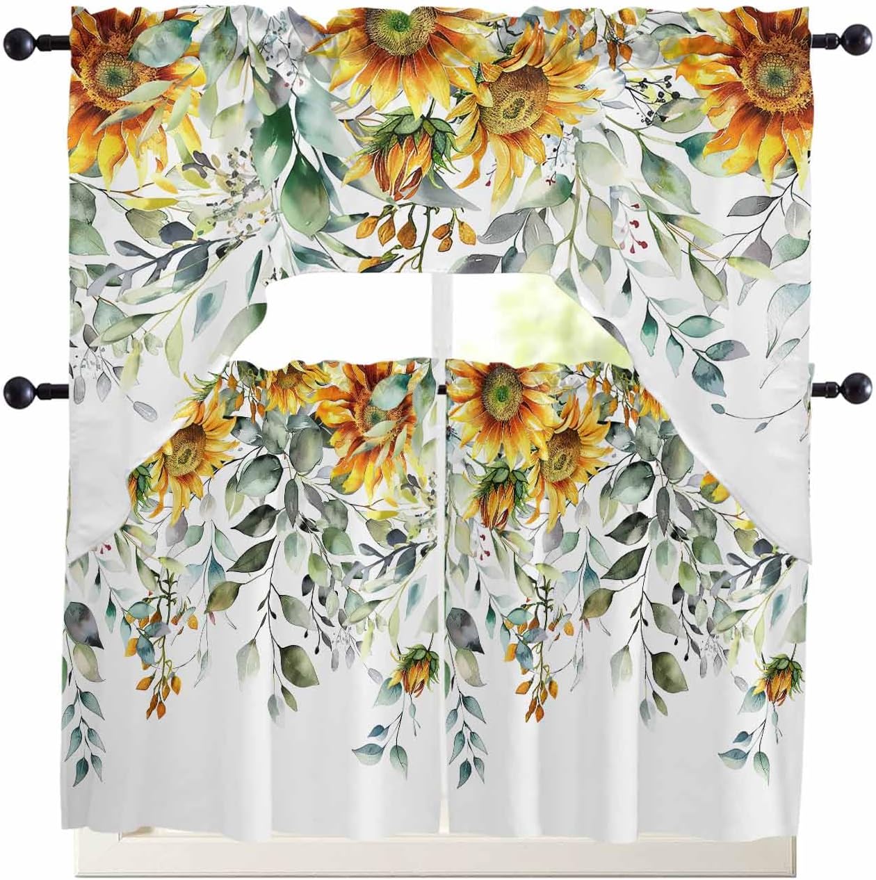 Kitchen Curtains Sets 36 Inch Length with Valance, Yellow Flower Sage Green Eucalyptus Leaves Swag Valances for Windows and Tiers Curtain Set, Rod Pocket Sunflower Drapes for Living Room, Cafes