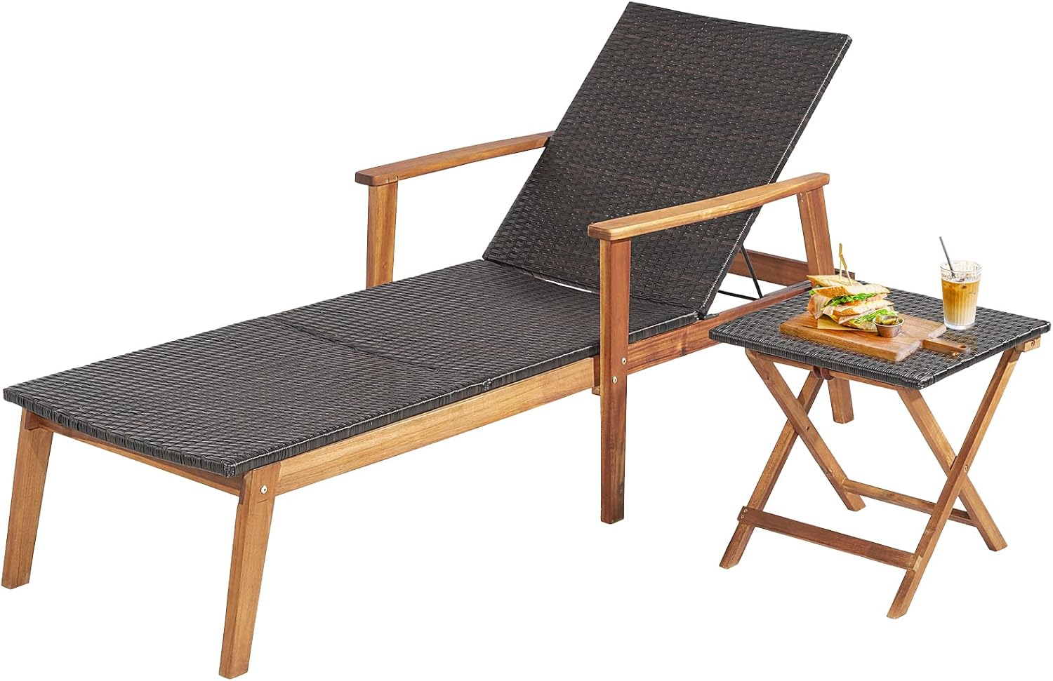 Tangkula 2 Piece Patio Chaise Lounge & Table Set, Outdoor Rattan Recliner w/Folding Side Table, 4-Level Adjustable Backrest, Solid Acacia Wood Frame, Recliner & Table Set for Backyard (Mix Brown)