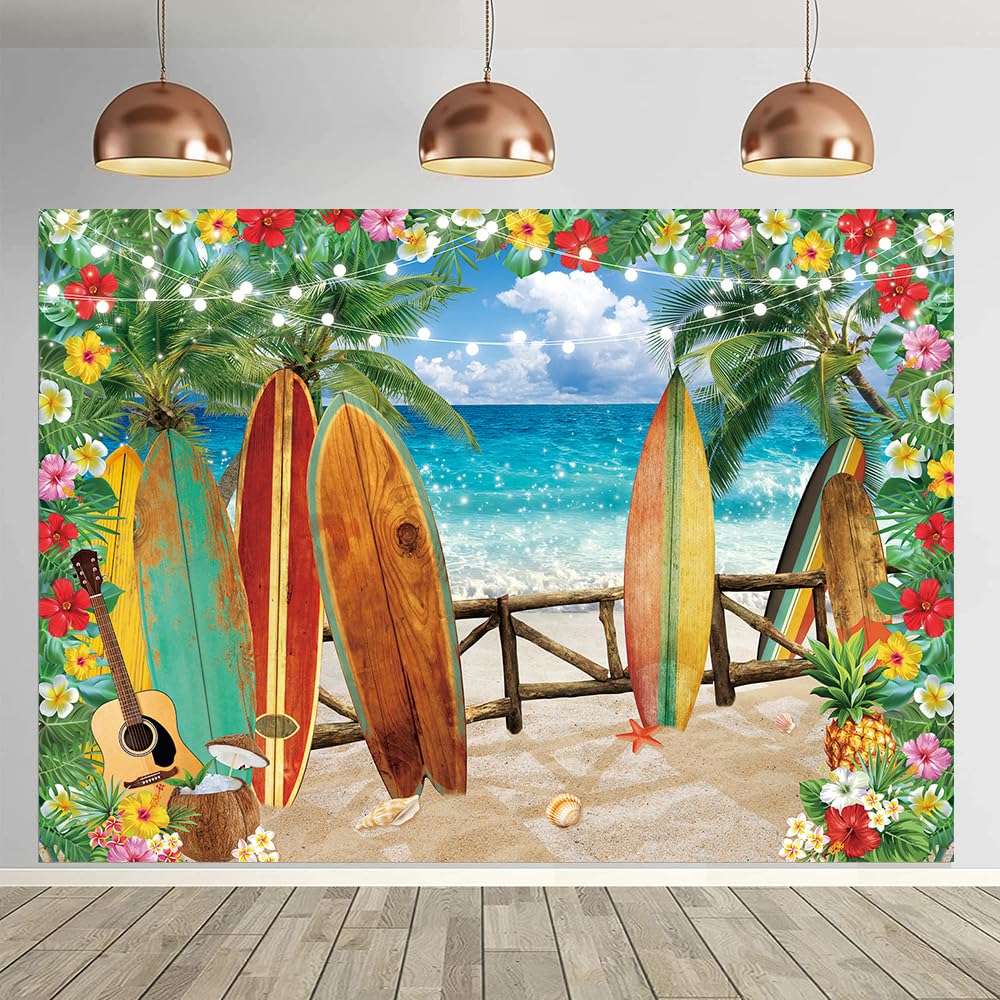 Tropical Hawaiian Beach Backdrop For Photography 8X6FT Seaside Sand Beach Backdrops Jungle Ocean Surfboard Floral Background For Baby Shower Birthday