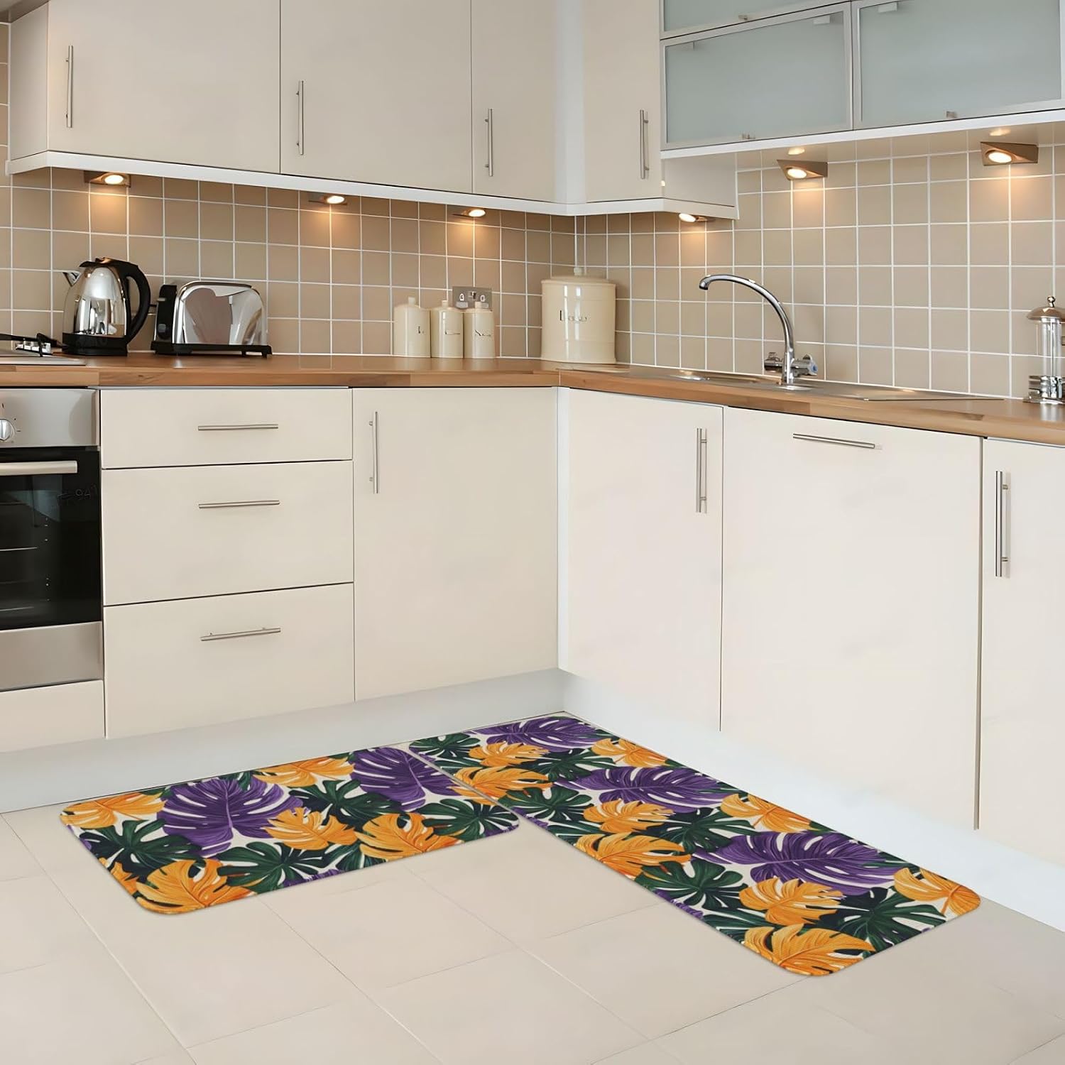 Colorful Tropical Plants (C) Print Kitchen Rugs Sets of 2 Non Slip Washable, Anti Fatigue Kitchen Mats for Floor, Home Decor