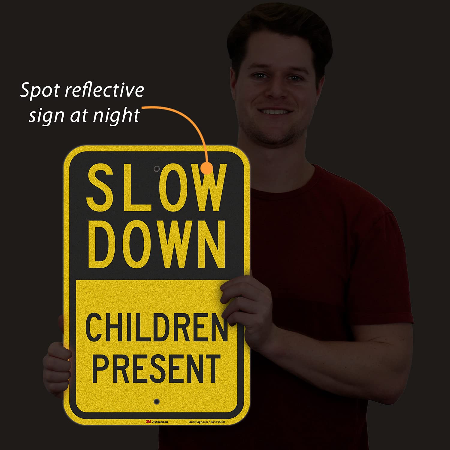 SmartSign 18 x 12 inch “Slow Down - Children Present” Metal Sign, 63 mil Aluminum, 3M Laminated Engineer Grade Reflective Material, Black, Silver and Yellow, Made in USA