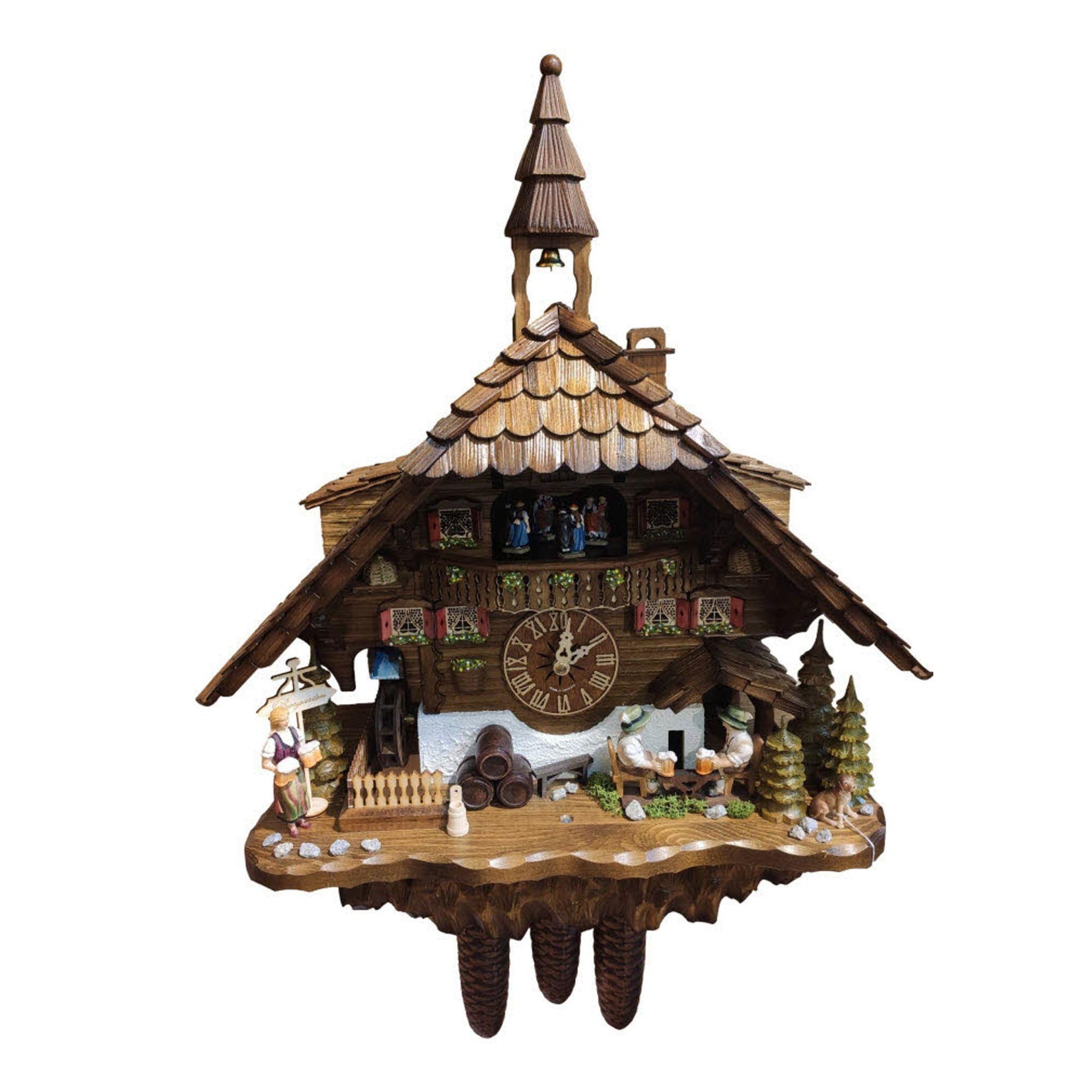 Cuckoo Clock Black Forest house with moving beer drinkers and mill wheel KA 3736/8