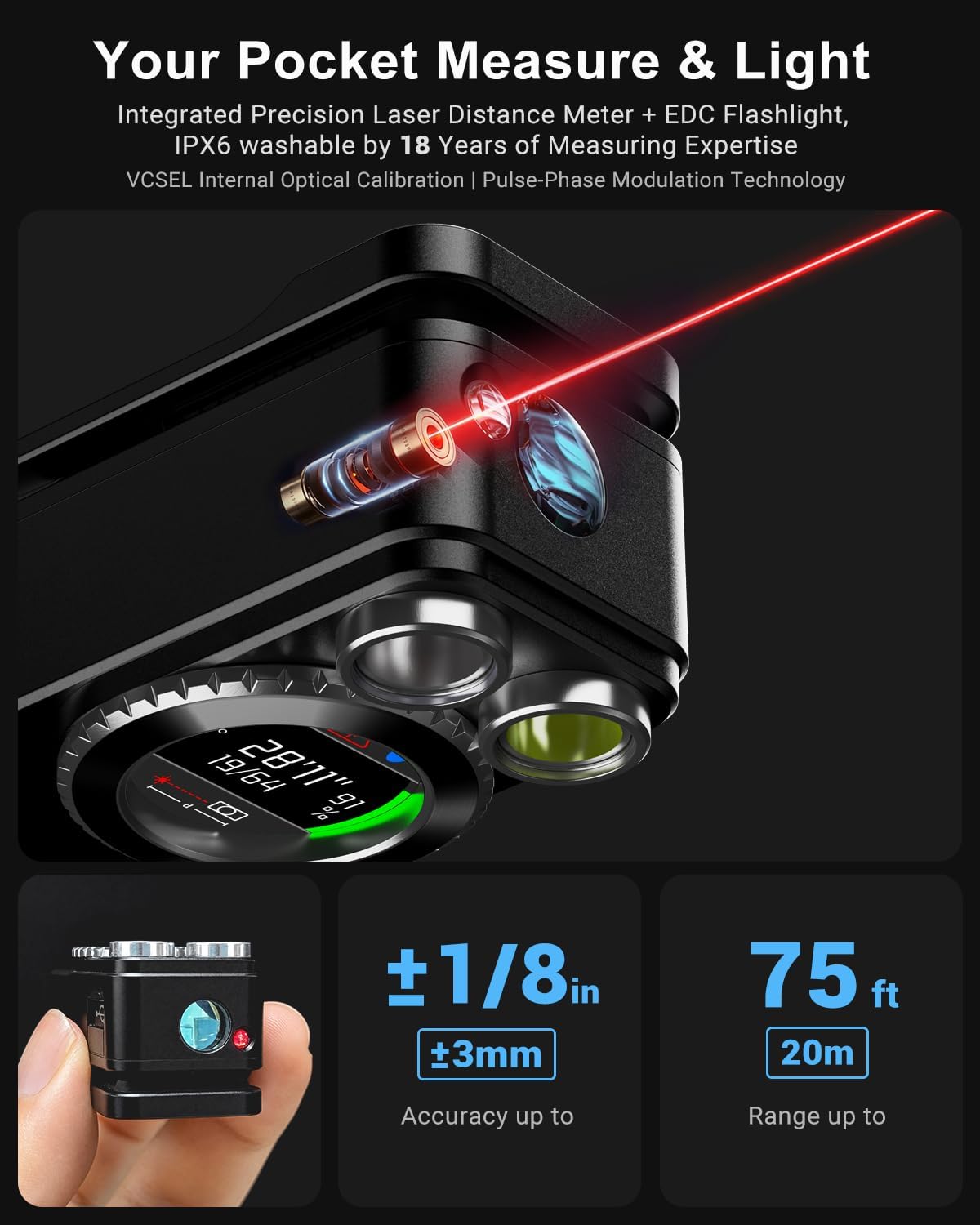 Godyga TorchEye RD EDC Clip-On Flashlight with Laser Distance Meter, White &Red Light, USB-C Rechargeable, Smart Display, Magnetic Work Light for Emergency, Indoor Measurement, DIY image 3