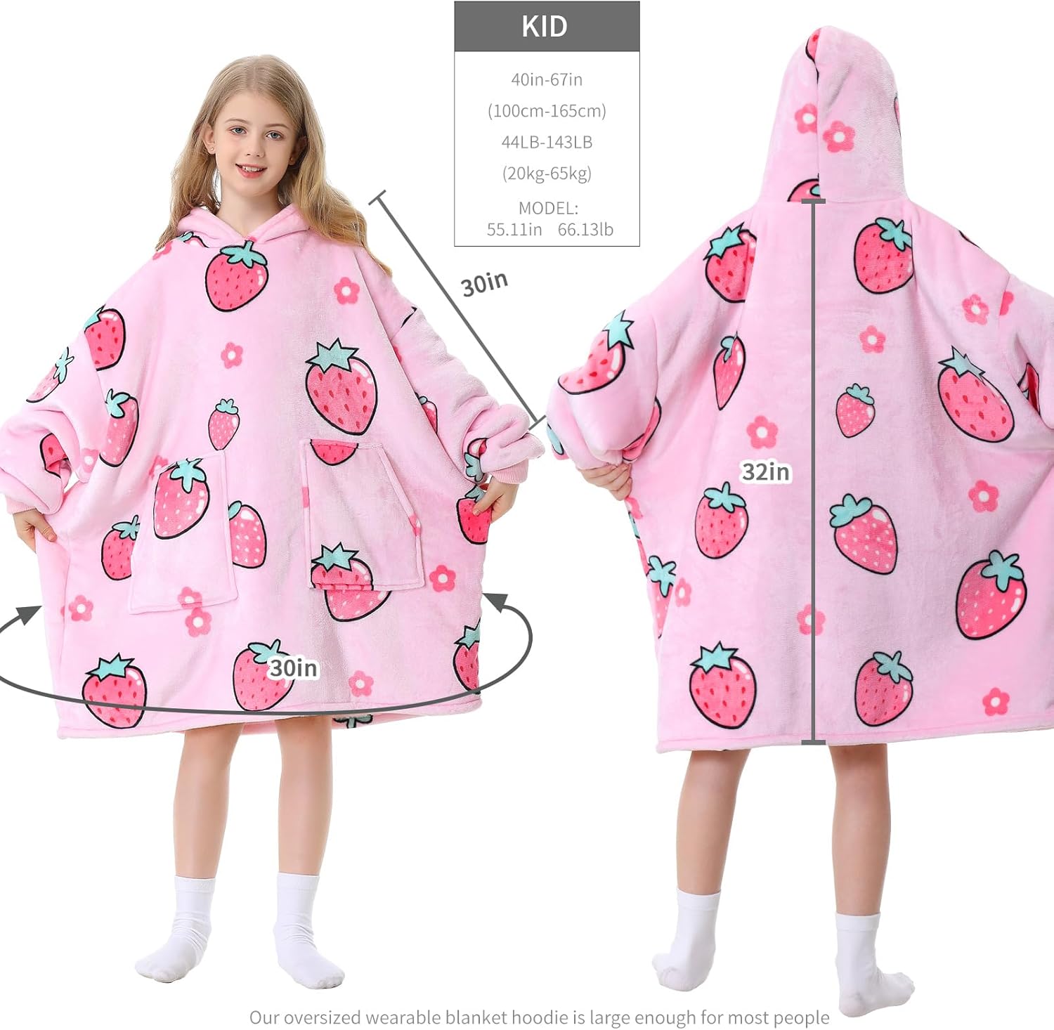 Aemicion Blanket Hoodie for Kids,Oversize Sherpa Sweatshirt Wearable Blanket with Pink Strawberry as Gift for Girls Daughter Friends - Image 3