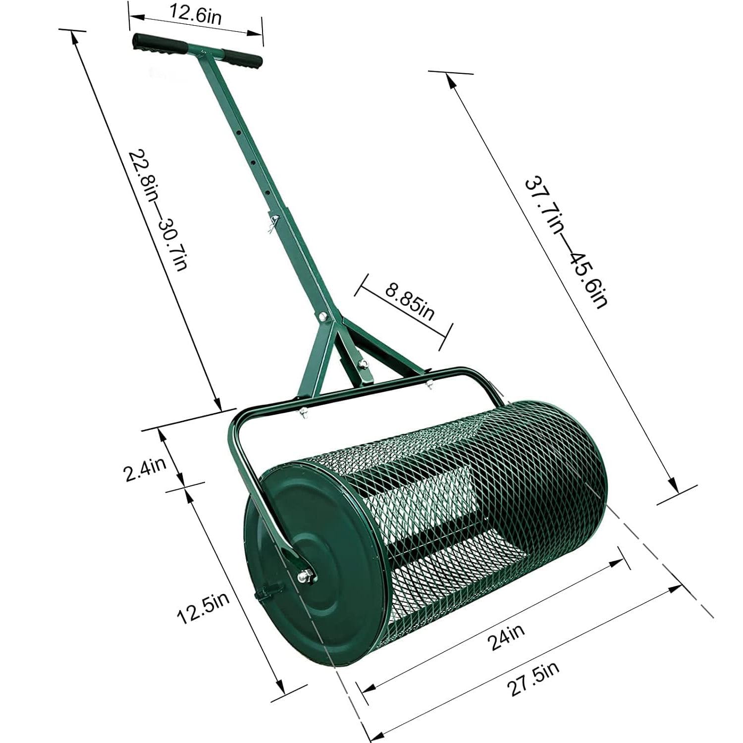 Esparcidor de abono, esparcidor de turba con mango ajustable en forma de T, esparcidor de malla metálica para césped y jardín, esparcidor de estiércol antioxidante para plantar y sembrar,Green
