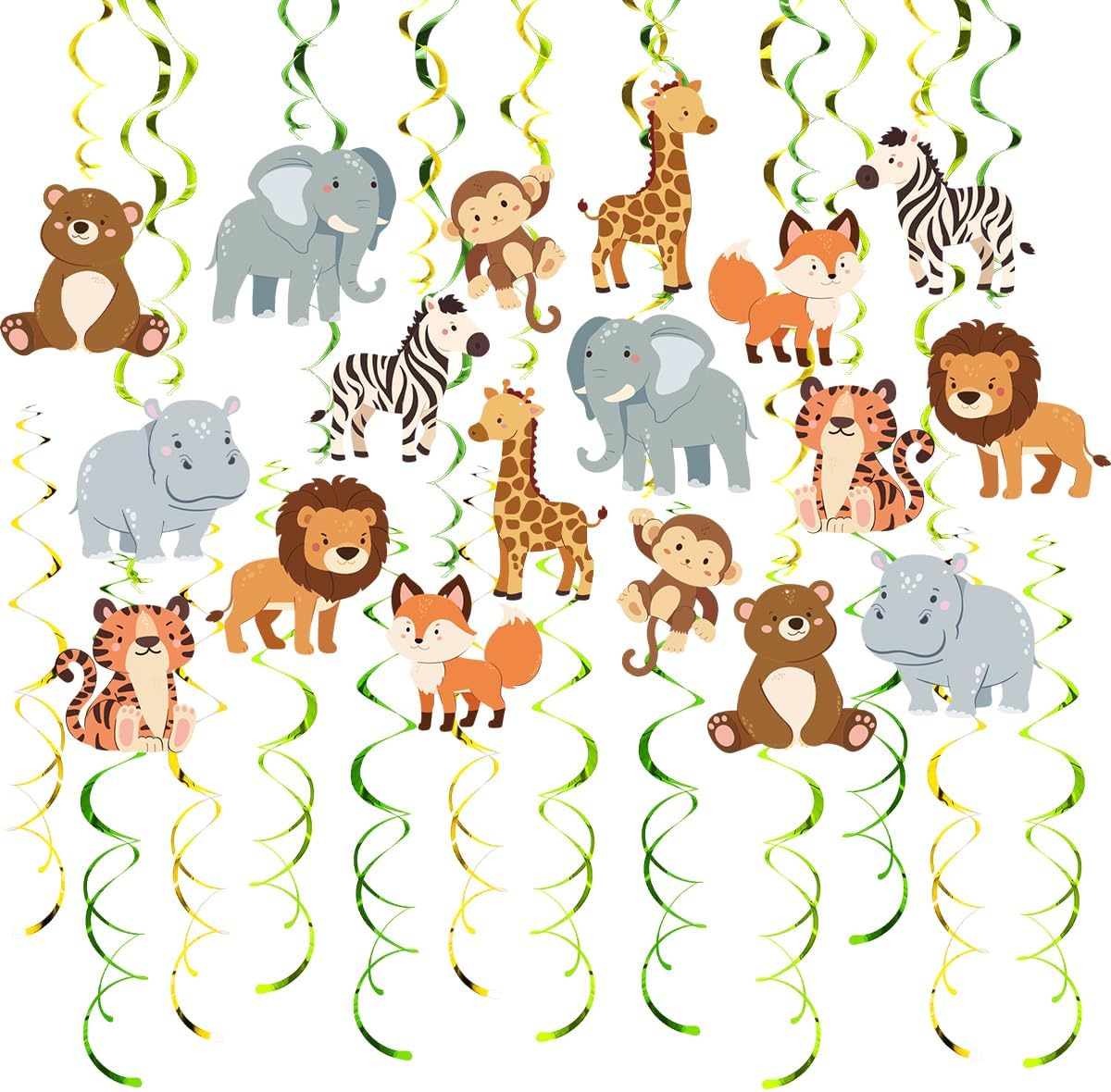 Safari Animal Party Streamers, 48 Pcs Jungle Theme Hanging Swirl Decorations - Hippo, Lion, Zebra & More for Birthday, Holiday, Classroom & Party Decor